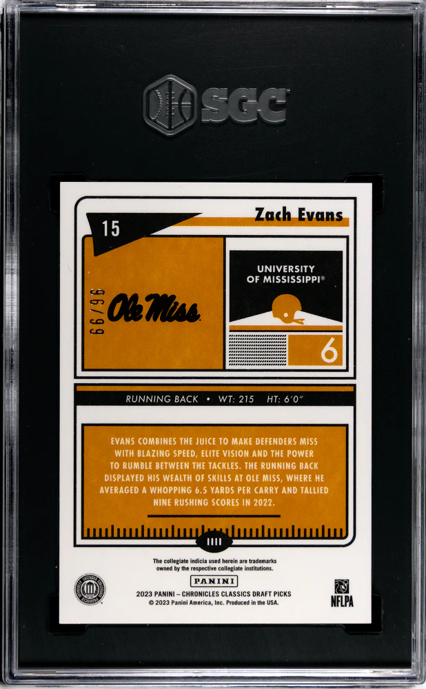 2023 Panini Chronicles Draft Picks #15 Zach Evans Classics PremiumEd. Blue 96/99 SGC 9.5 - Image 2