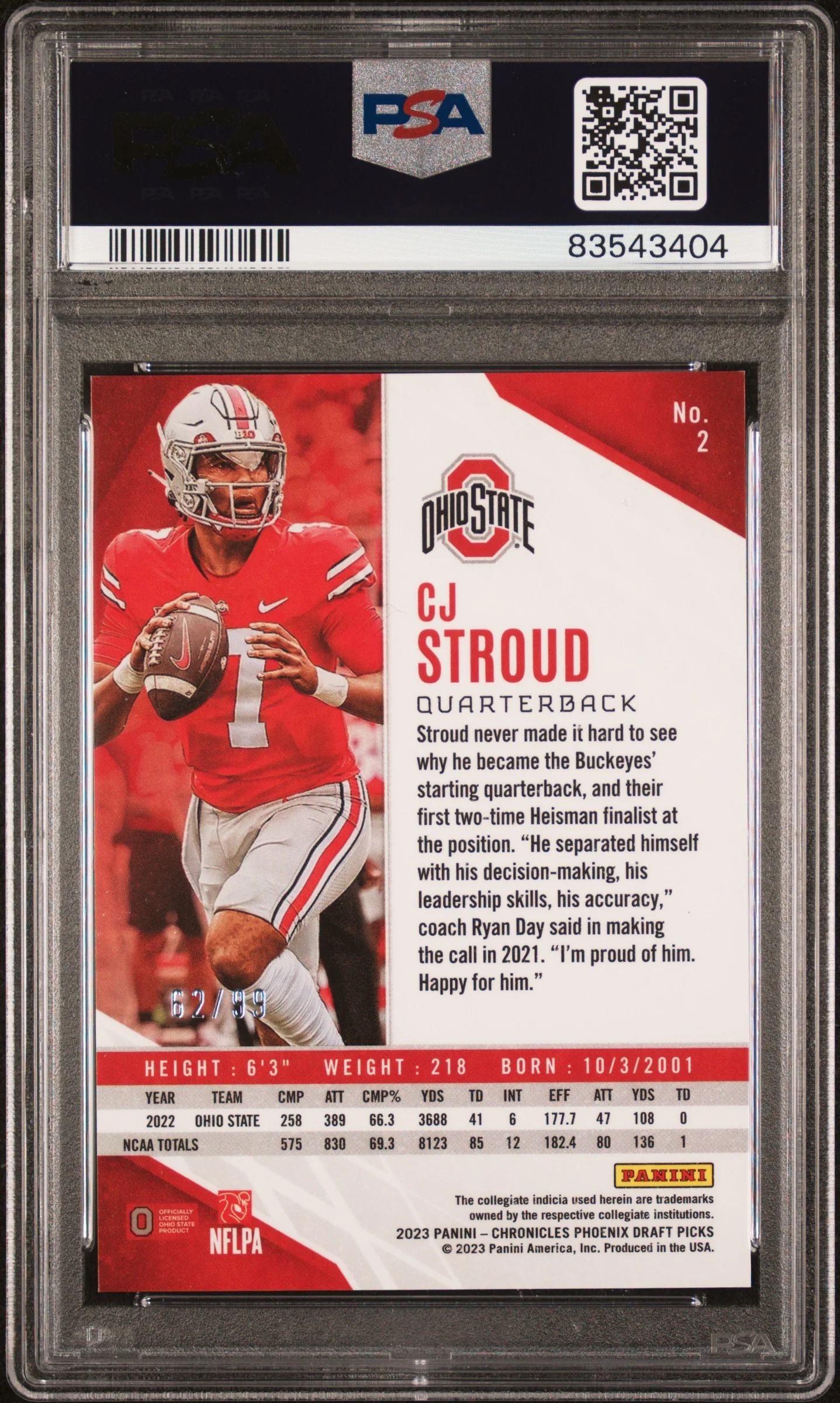 2023 Panini Chronicles Draft Picks Phoenix Blue CJ Stroud #2 /99 PSA 10 - Image 2