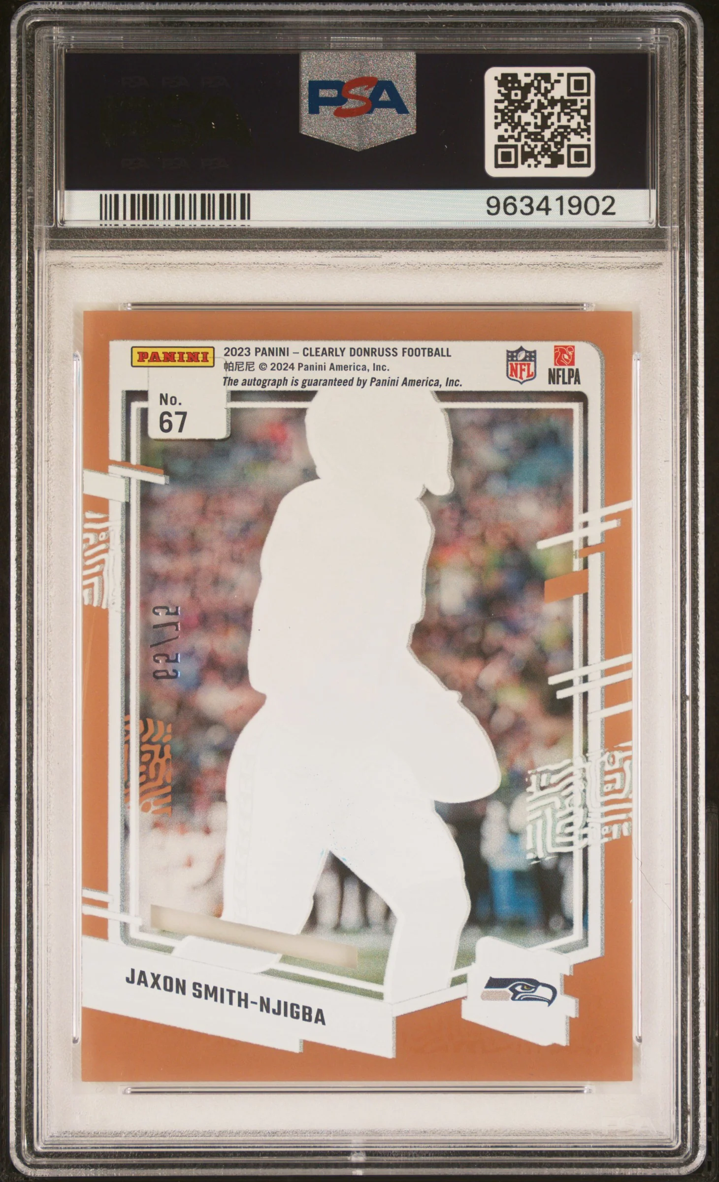 2023 Panini Clearly Donruss Autograph-Orange Jaxon Smith-Njigba #67 /15 PSA 10 - Image 2