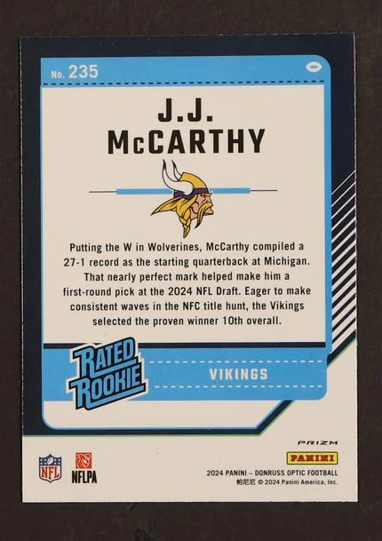 2023 Panini Donruss #235 J.J. McCarthy Rated Rookie Purple Scope - Image 2