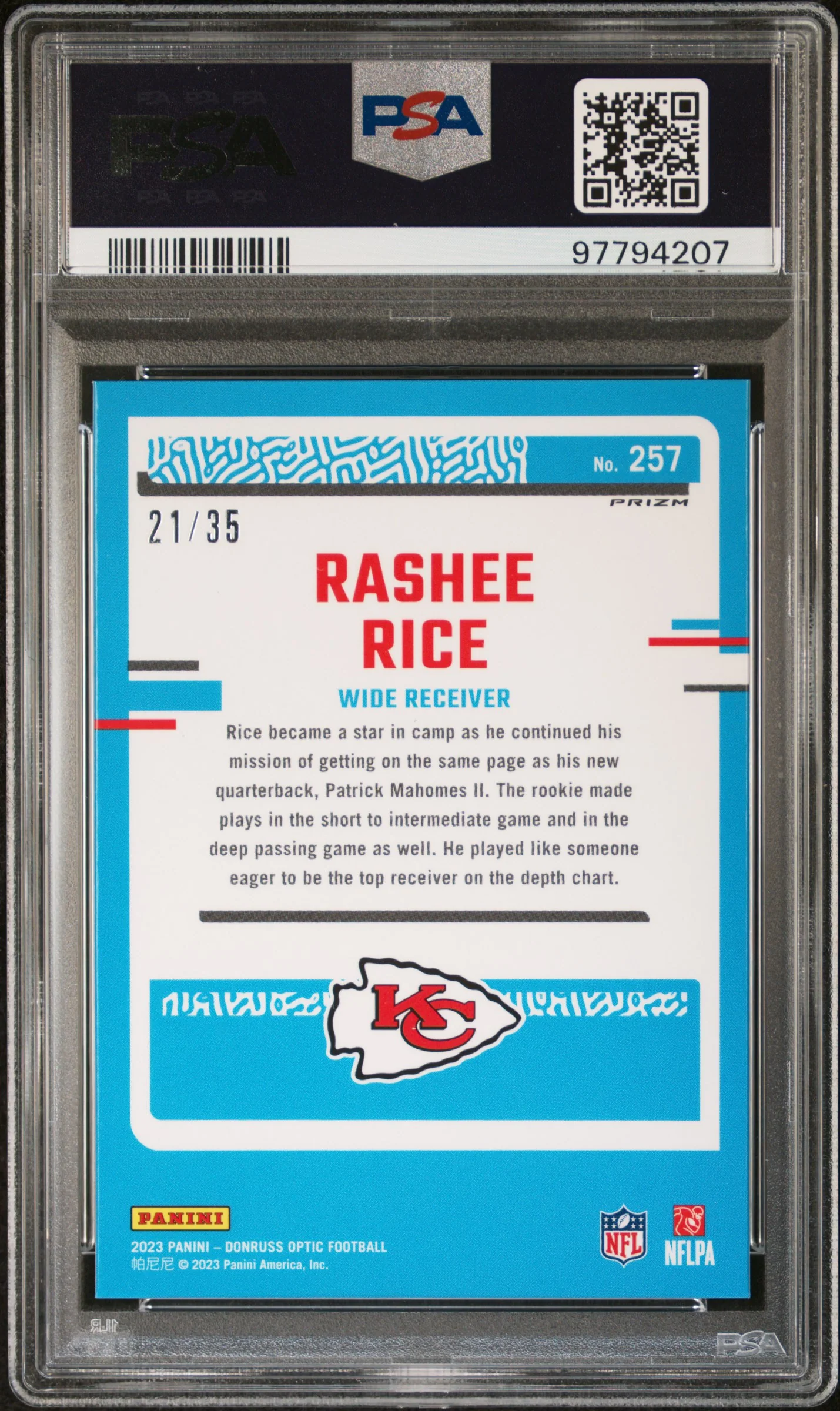 2023 Donruss Optic Bronze Mojo Rashee Rice #257 RC /35 PSA 9 - Image 2