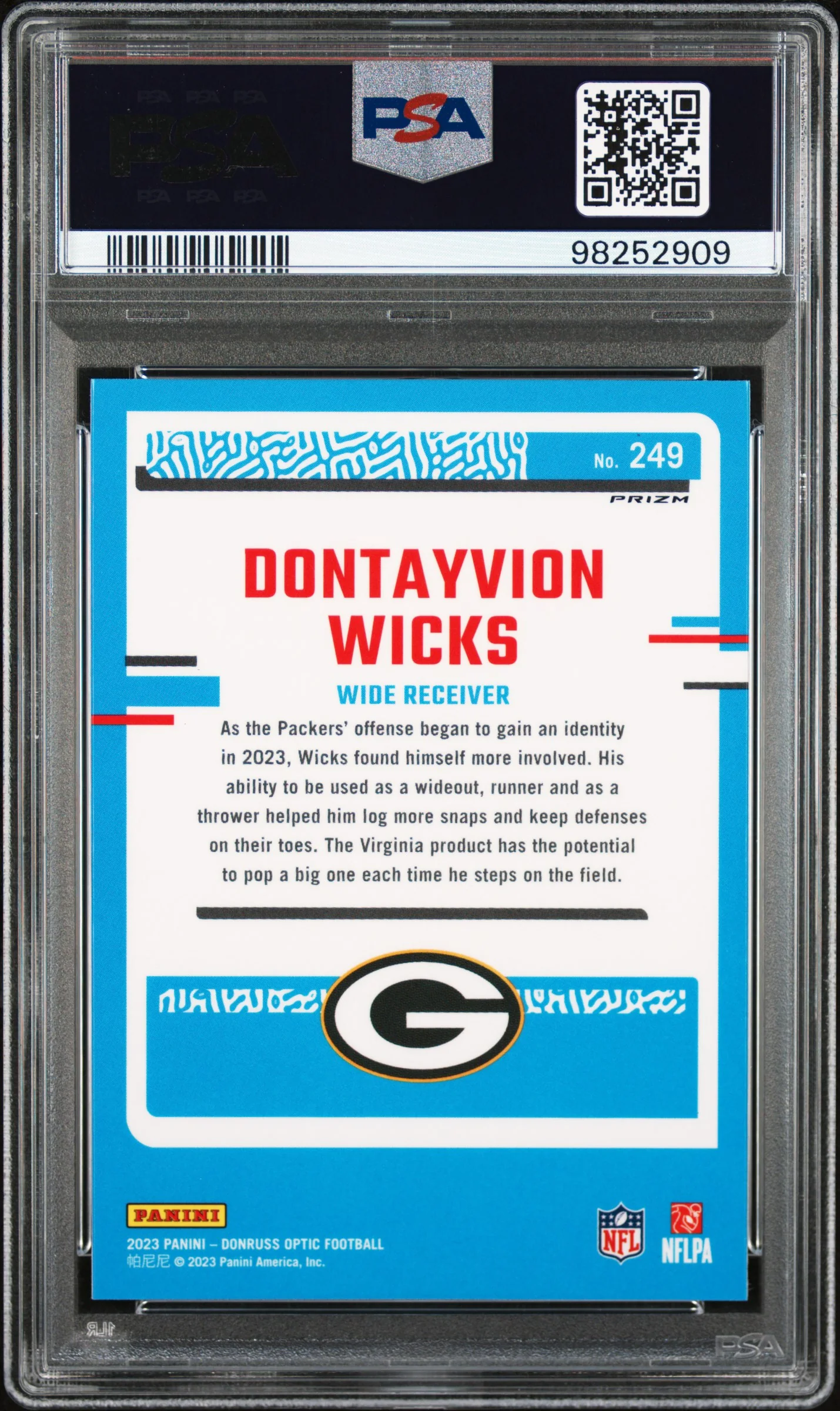 2023 Panini Donruss Optic Blue Glitter Dontayvion Wicks #249 PSA 10 - Image 2