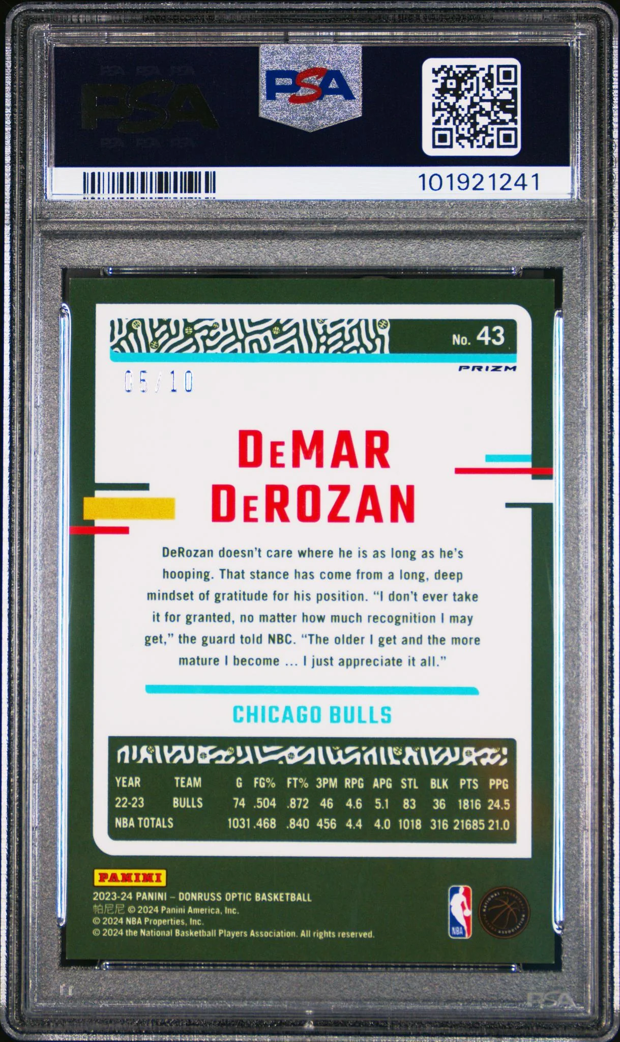 2023 Panini Donruss Optic Gold DeMar DeRozan #43 Prizm /10 PSA 8 - Image 2