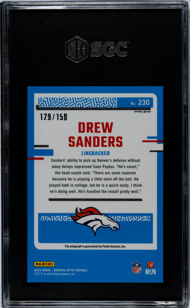 2023 Panini Donruss Optic Holo Drew Sanders #230 RC Auto /150 SGC 9.5 Auto 10 - Image 2