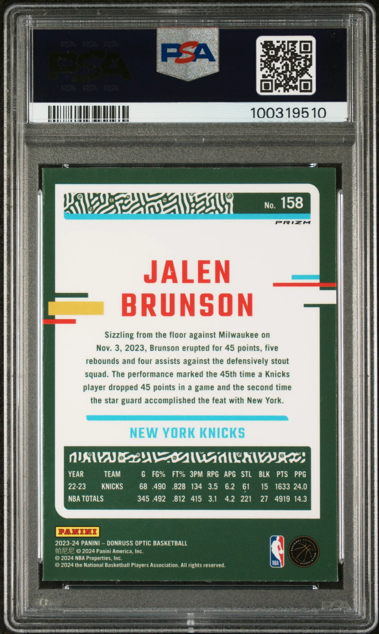 2023 Panini Donruss Optic Jazz Jalen Brunson #158 PSA 10 - Image 2