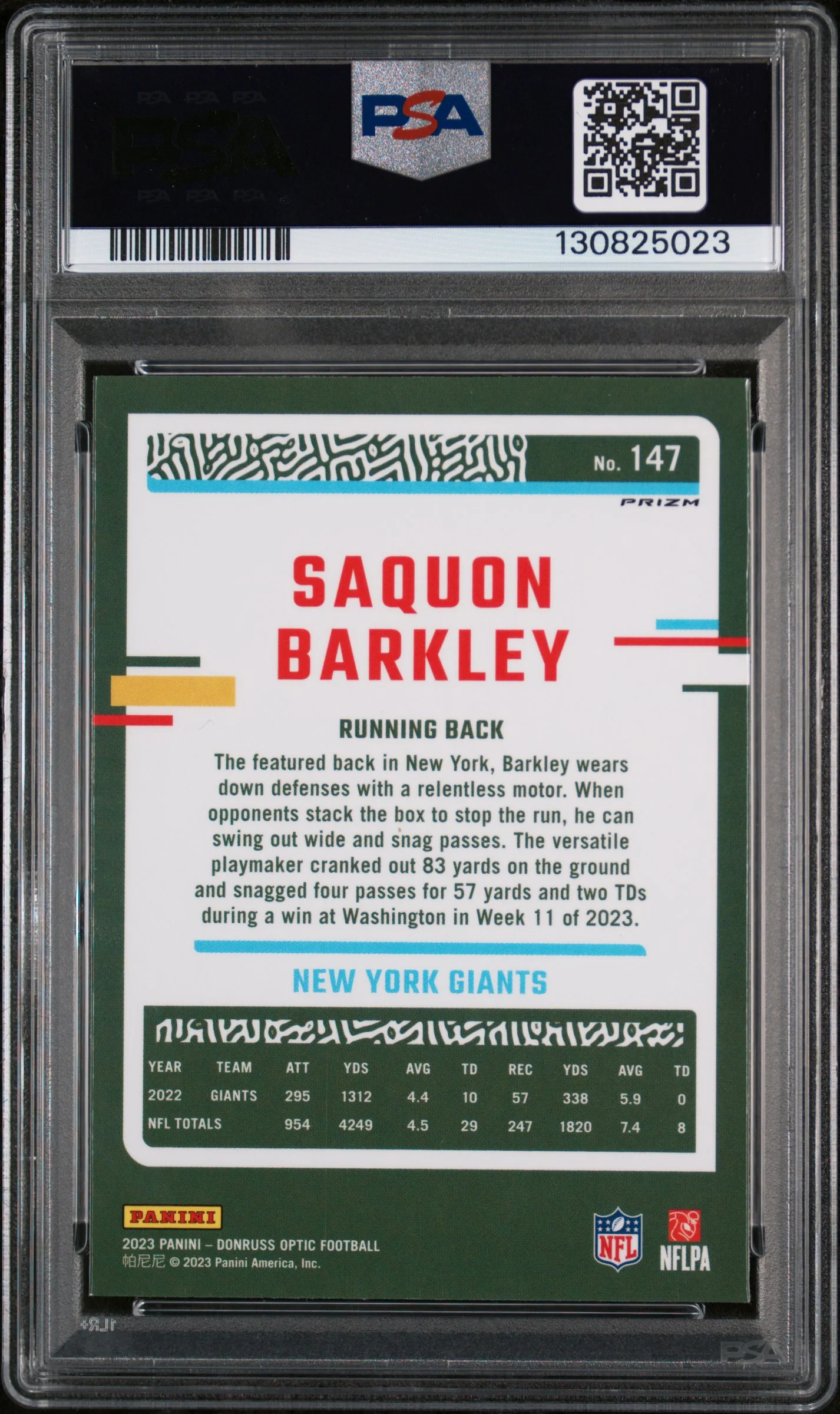 2023 Panini Donruss Optic Jazz Saquon Barkley #147 PSA 9 - Image 2