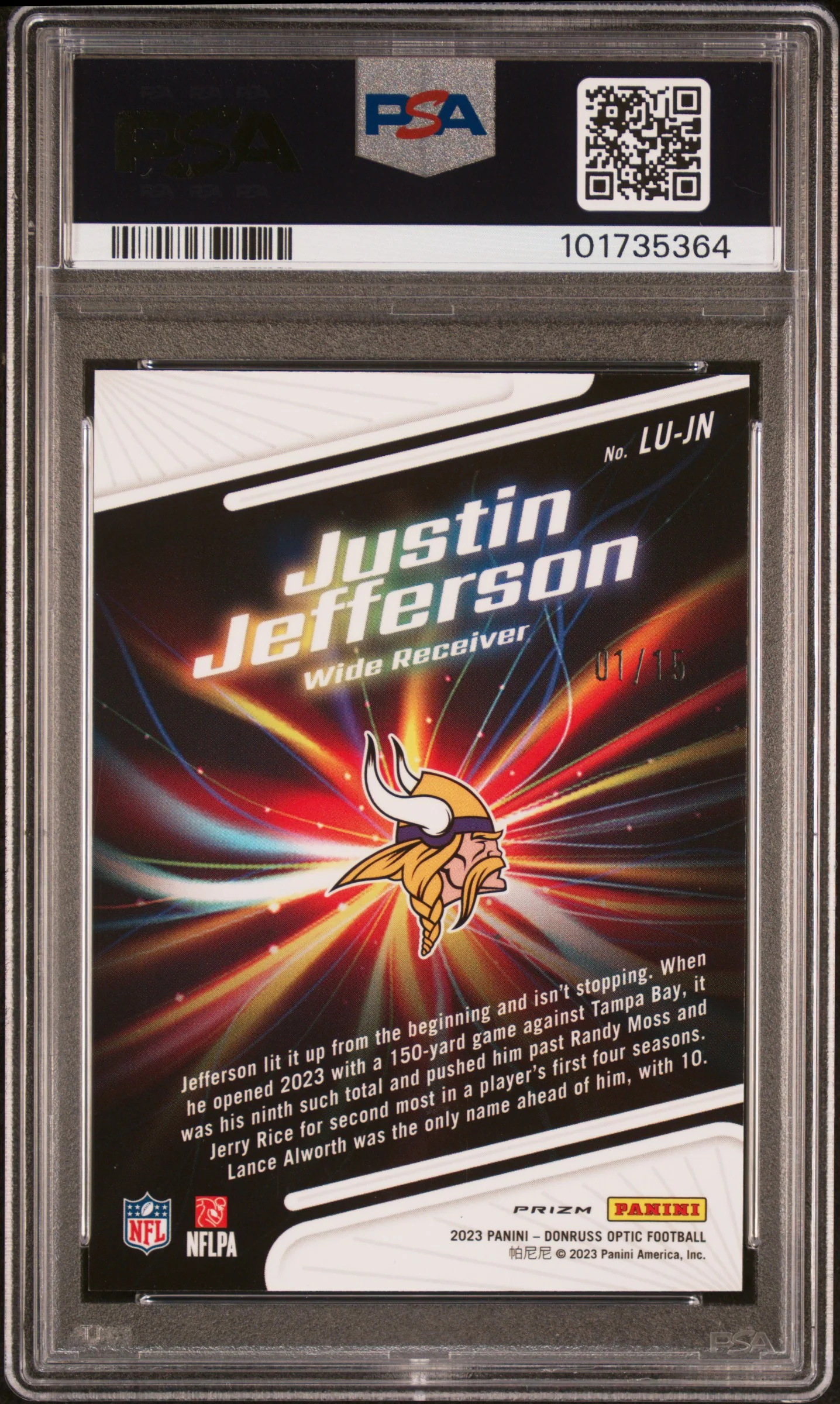 2023 Panini Donruss Optic Light It Up Ice Justin Jefferson #LUJN /15 PSA 10 - Image 2