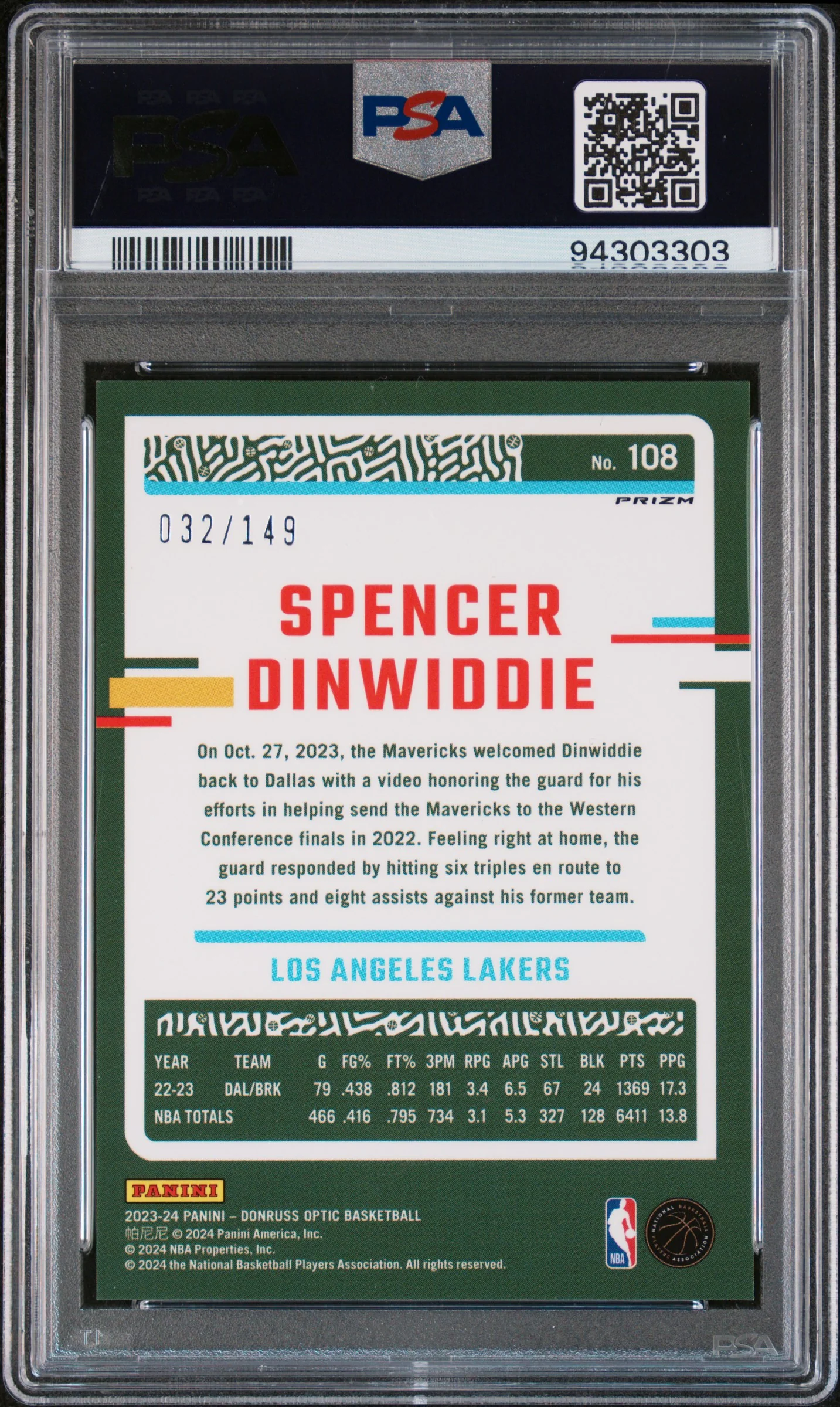 2023 Panini Donruss Optic Lime Green Spencer Dinwiddie #108 /149 PSA 10 - Image 2