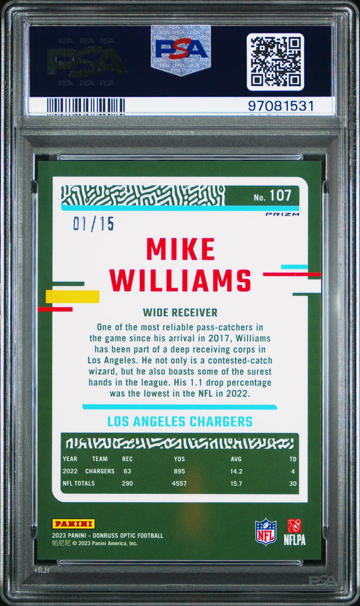 2023 Panini Donruss Optic Purple Stars Mike Williams #107 /15 PSA 10 - Image 2