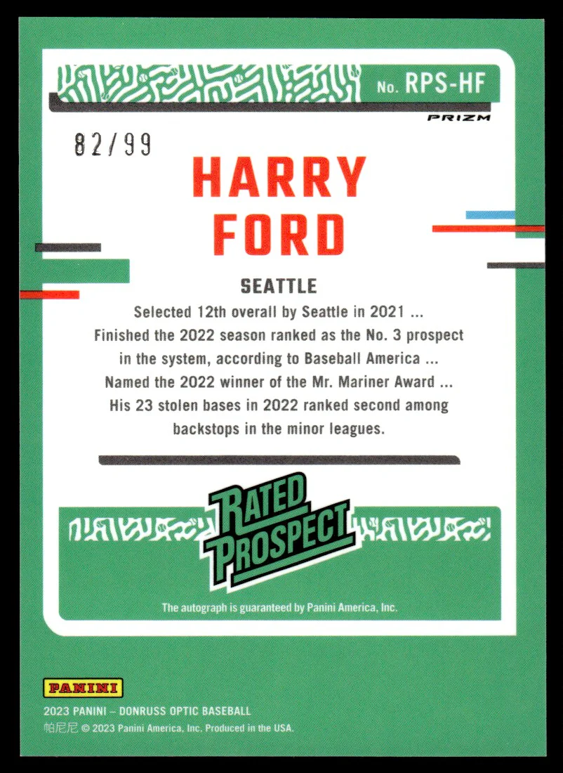 2023 Panini Donruss Optic Rated Prospect Purple Harry Ford #RPS-HF Auto /99 - Image 2