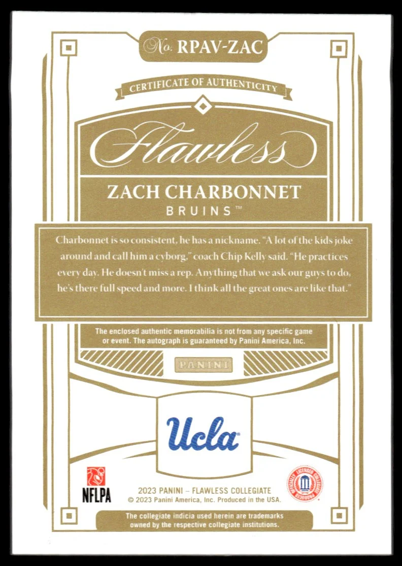 2023 Panini Flawless Collegiate Zach Charbonnet #RPAV-ZAC RC RPA /25 - Image 2