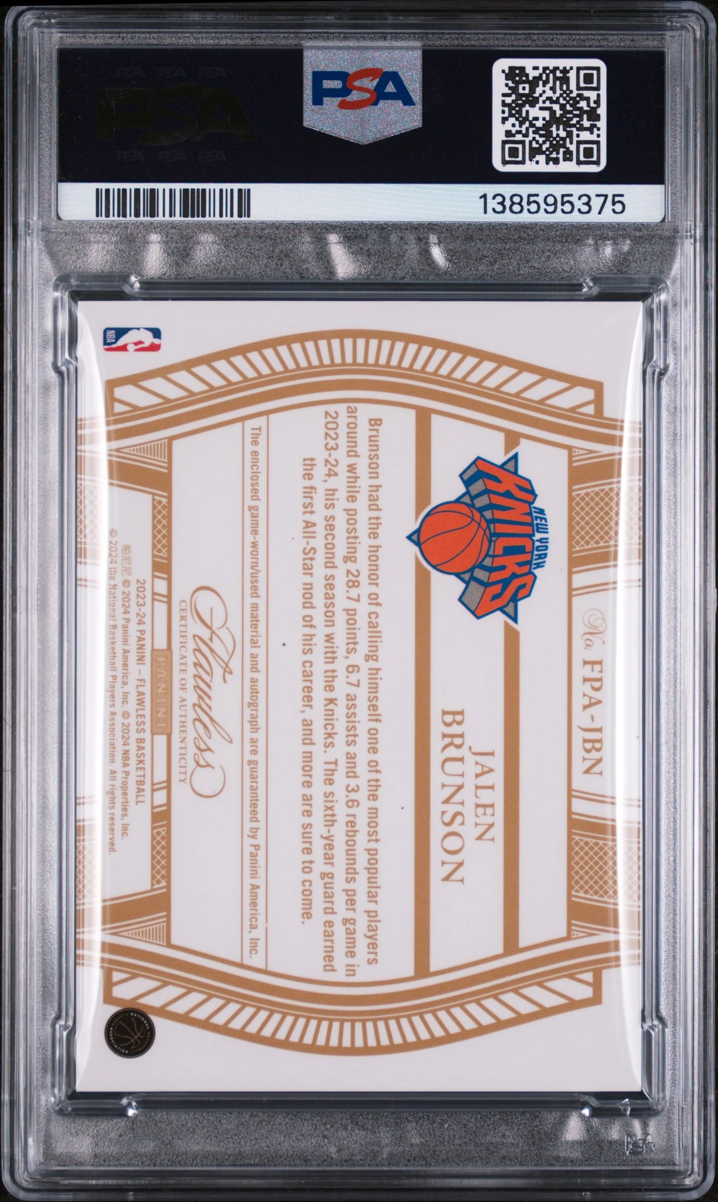 2023 Panini Flawless Flawless Patch Autographs Jalen Brunson #FPAJBN /25 PSA 8 - Image 2