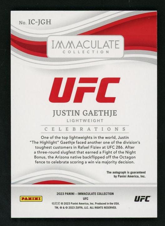 2023 Panini Immaculate Collection IC-JGH Justin Gaethje Celebrations /99 Auto - Image 2