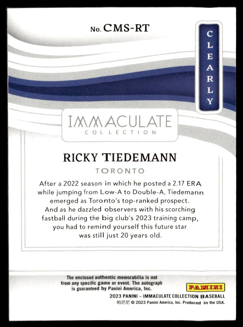 2023 Panini Immaculate Clearly Ricky Tiedemann #CMS-RT Patch Auto /99 - Image 2