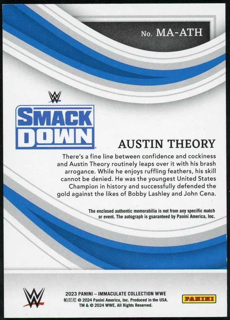 2023 Panini Immaculate Collection WWE Austin Theory Memorabilia Auto Acetate /6 - Image 2