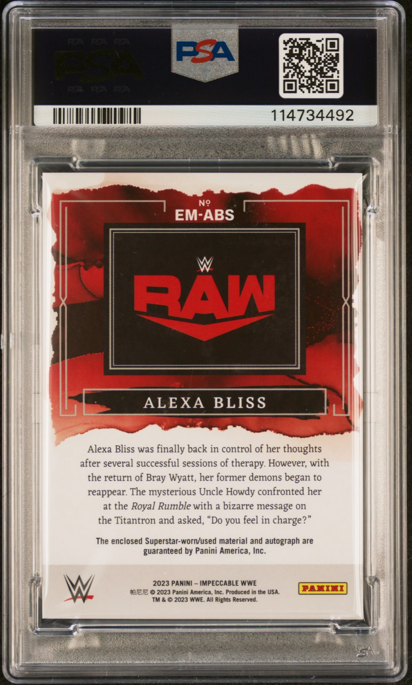2023 Panini Impeccable WWE Elegance Memorabilia Autograph Elegance Mem Auto Alexa Bliss #EMABS /75 PSA 0 - Image 2