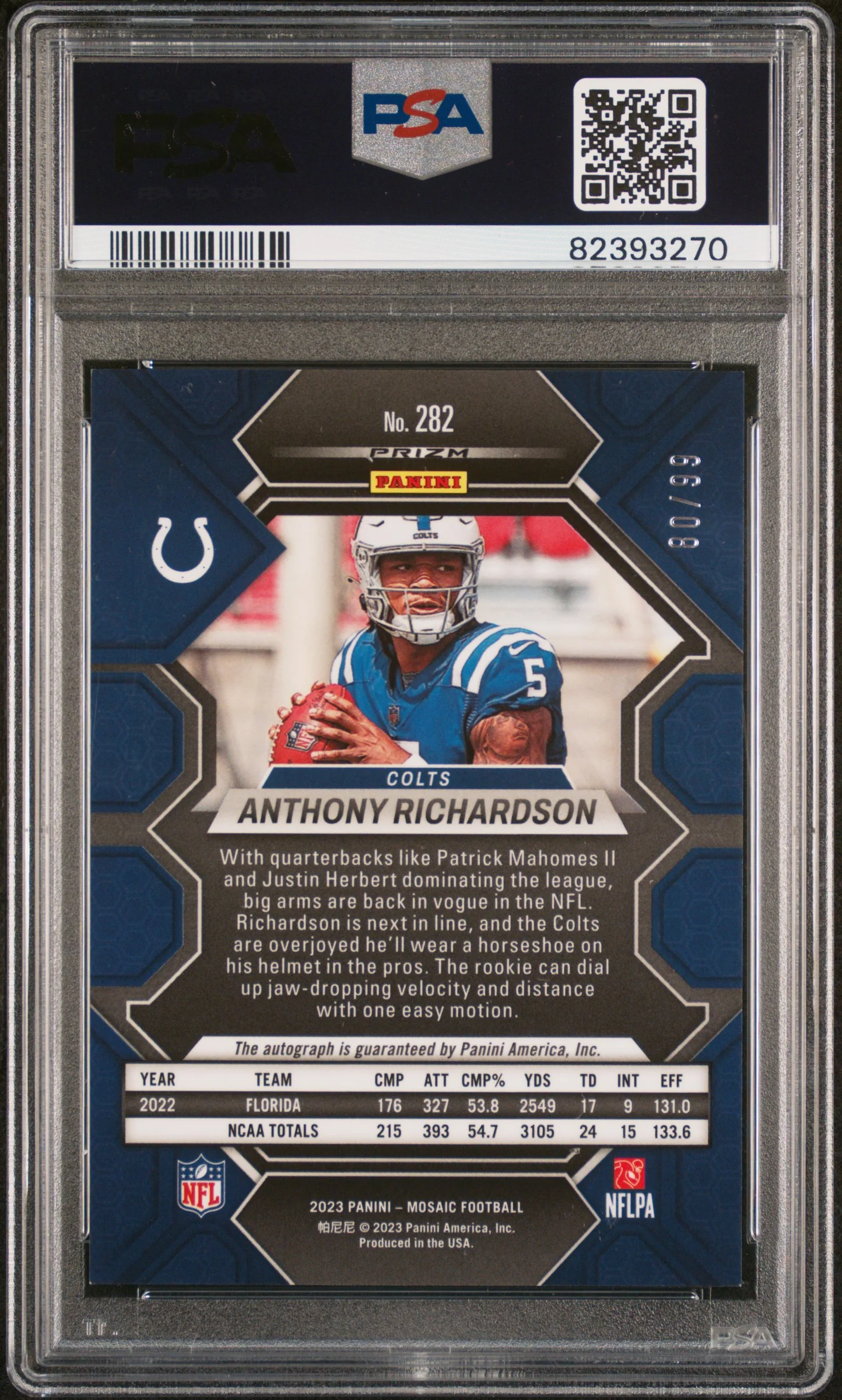 2023 Panini Mosaic Rookie Autographs Mosaic Blue Anthony Richardson #282 /99 PSA 9 - Image 2