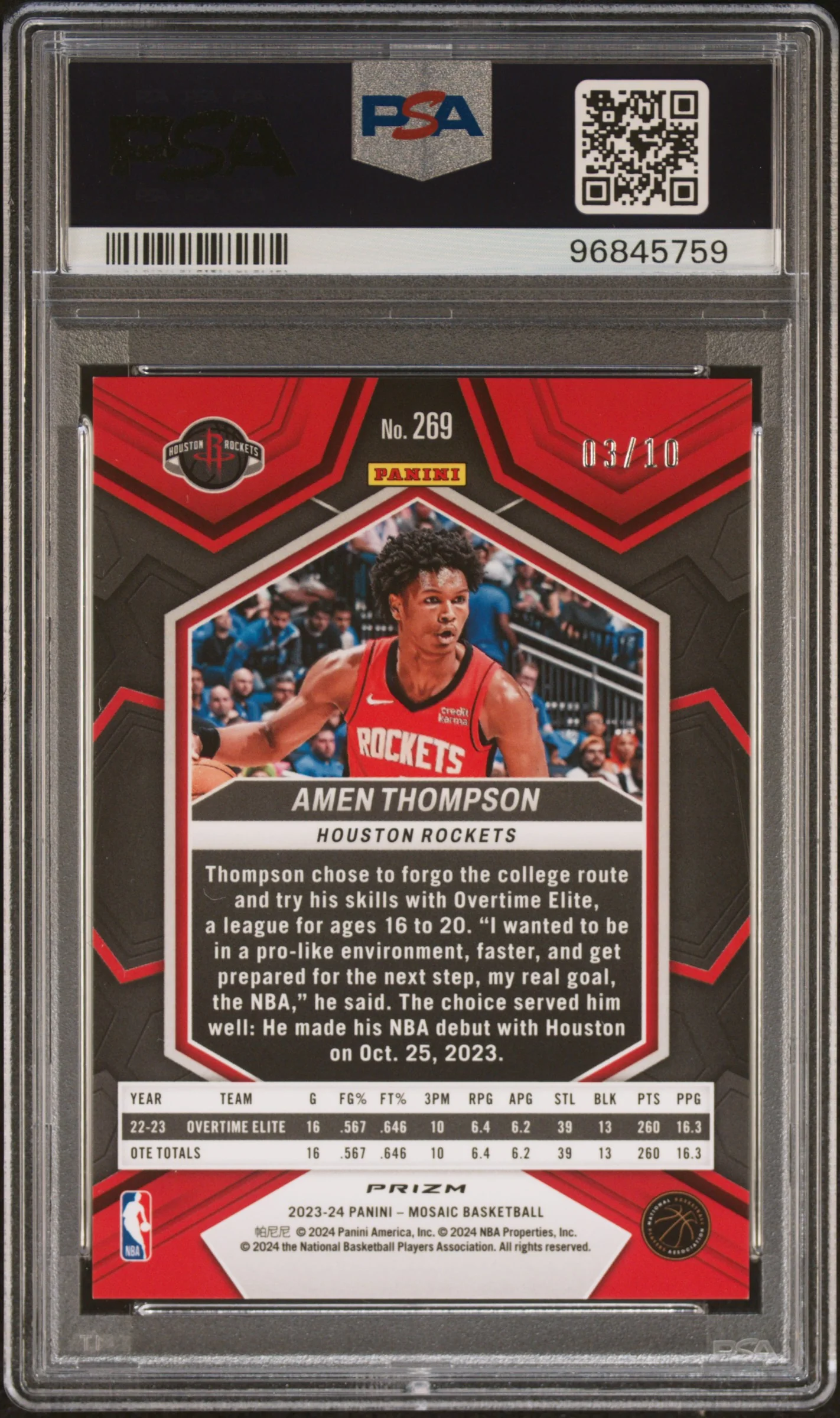 2023 Panini Mosaic Gold Amen Thompson #269 /10 PSA 10 - Image 2