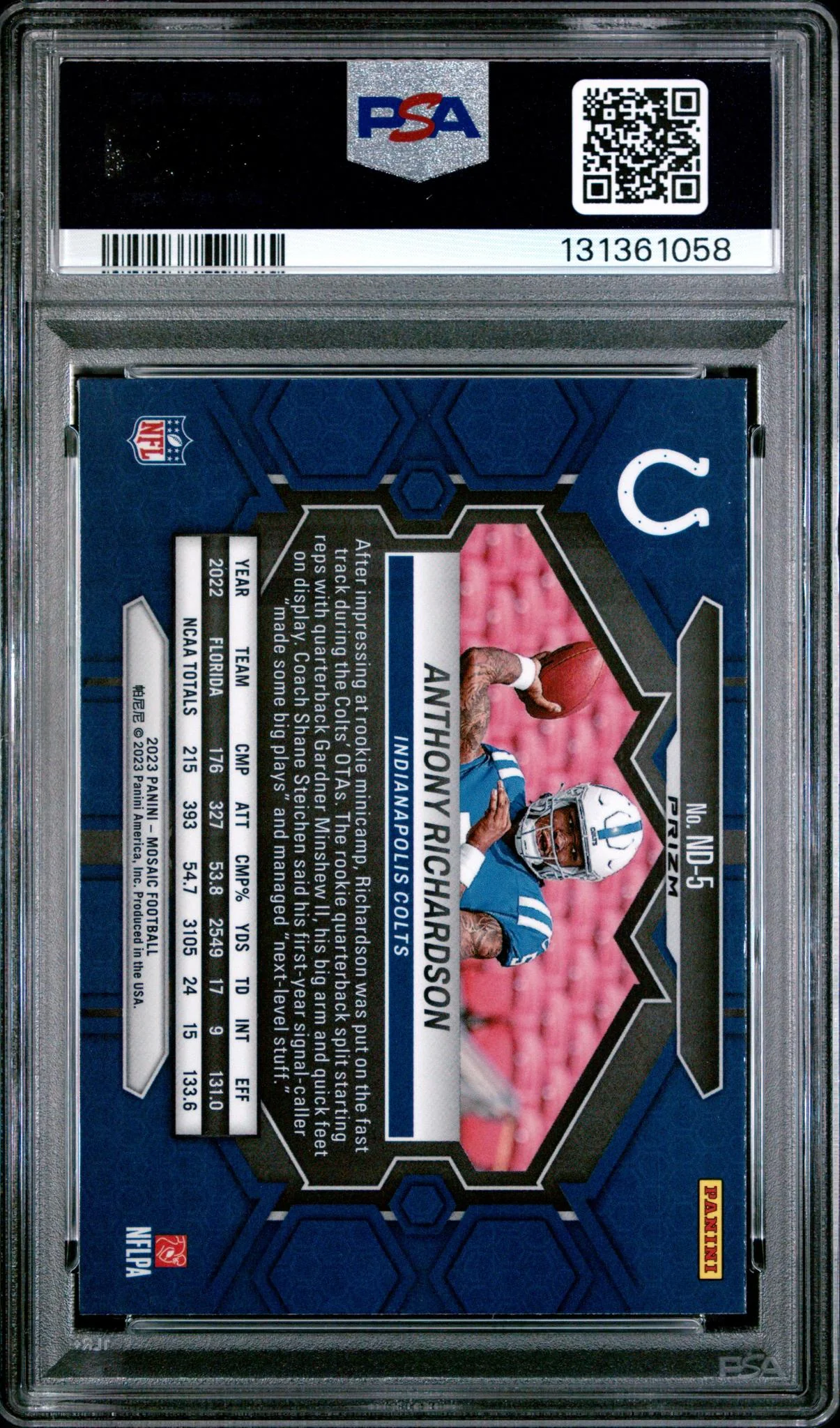 2023 Panini Mosaic NFL Debut Red Sparkle Anthony Richardson #5 PSA 9 - Image 2