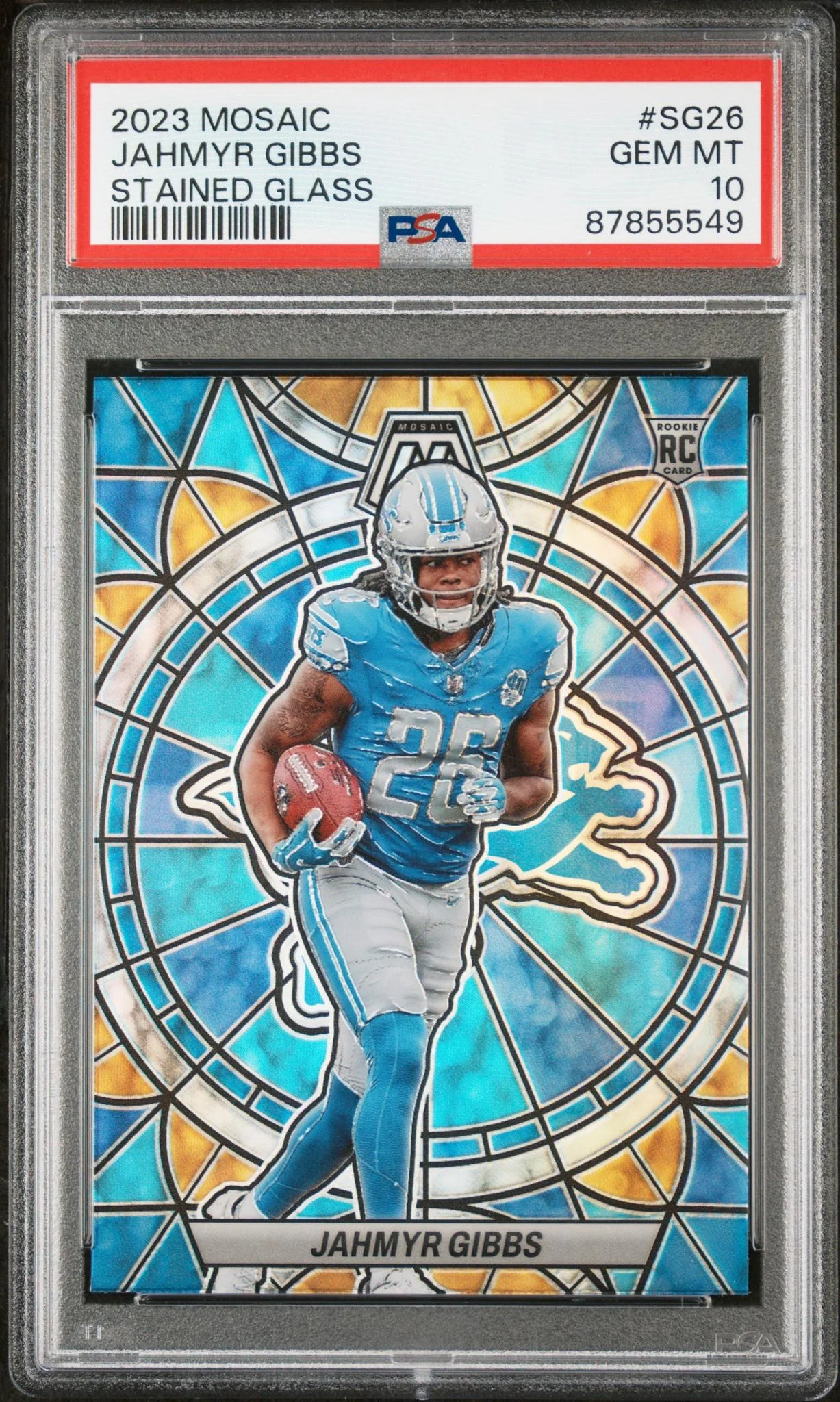 2023 Panini Mosaic Stained Glass Jahmyr Gibbs #26 PSA 10