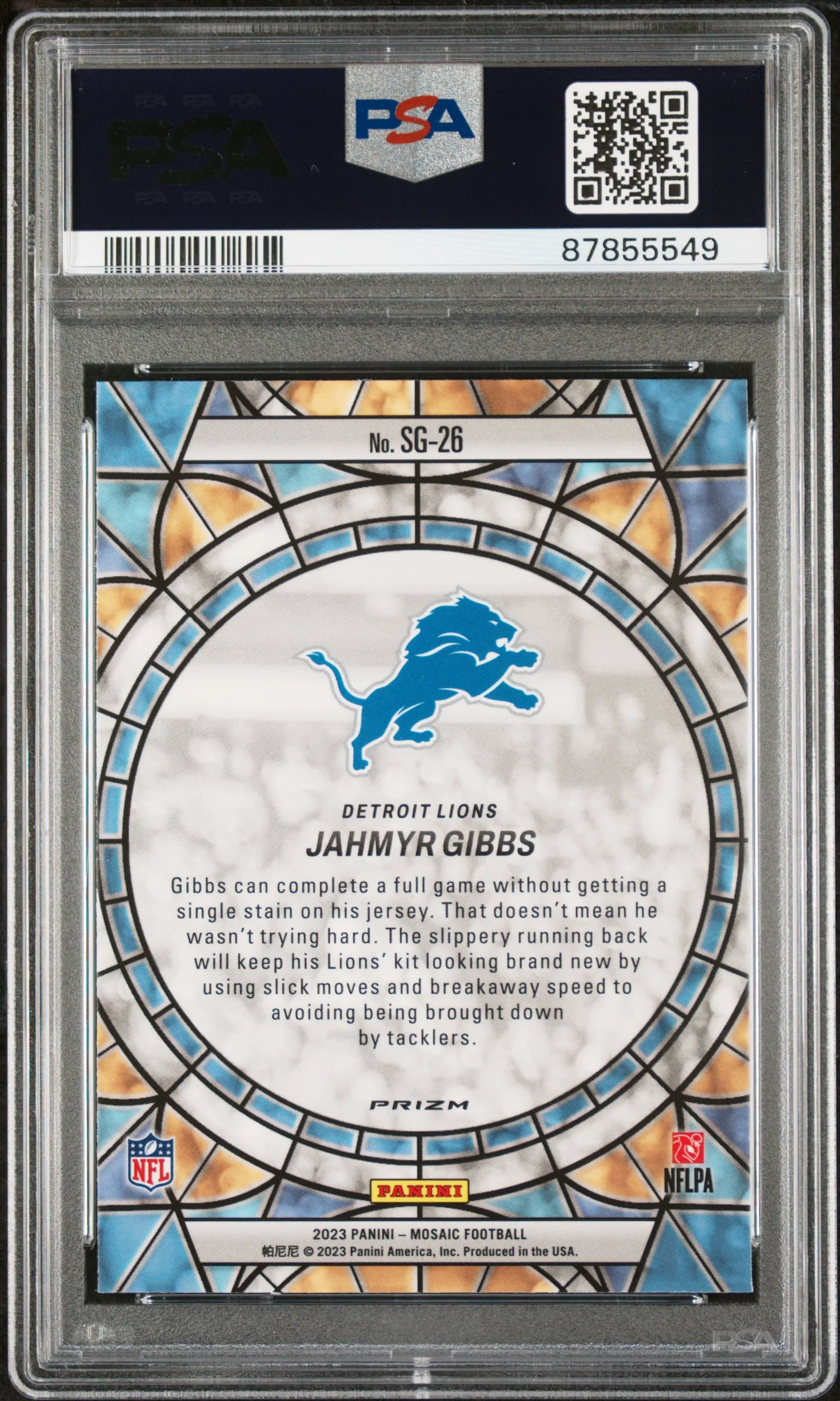 2023 Panini Mosaic Stained Glass Jahmyr Gibbs #26 PSA 10 - Image 2