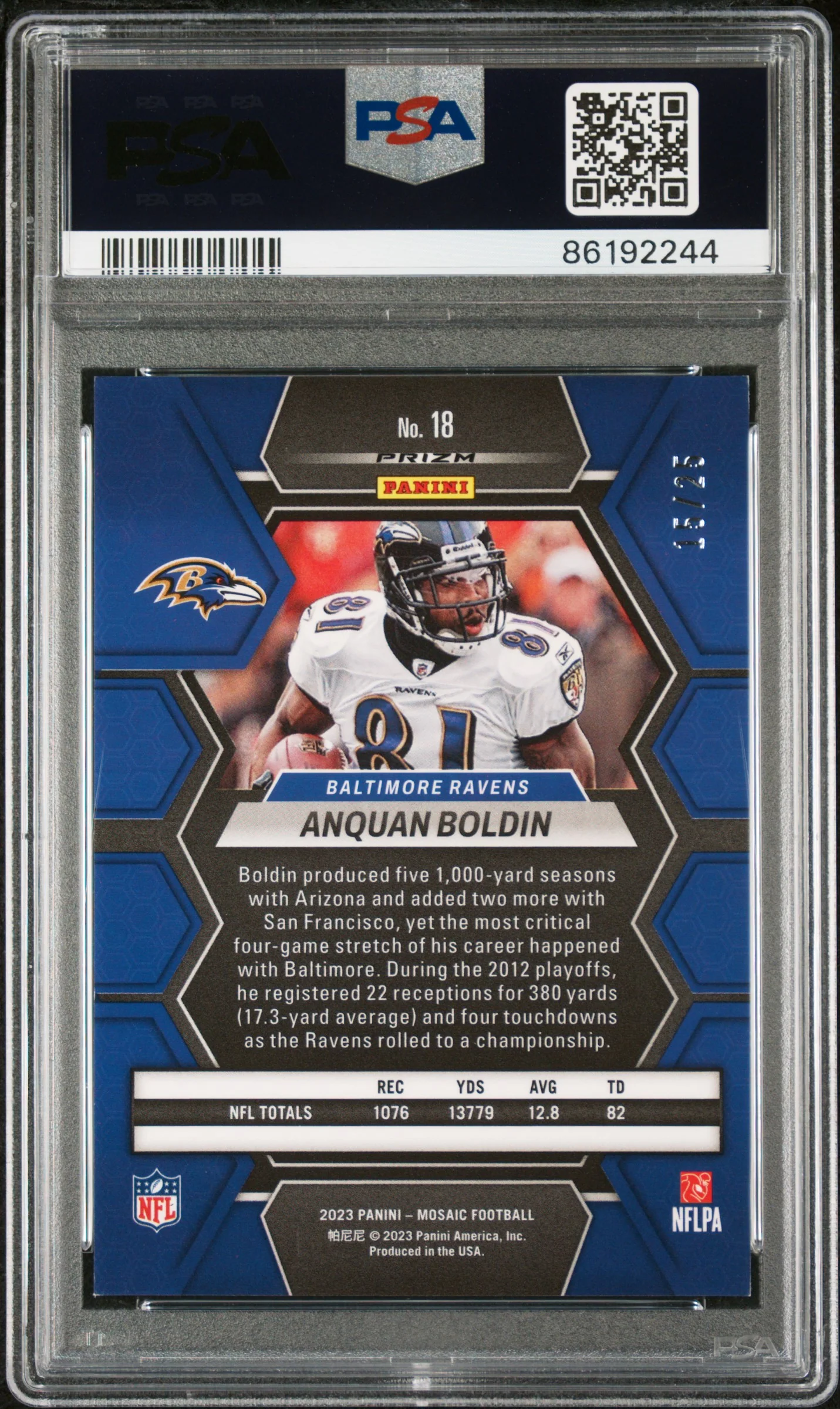 2023 Panini Mosaic White Anquan Boldin #18 /25 PSA 9 - Image 2
