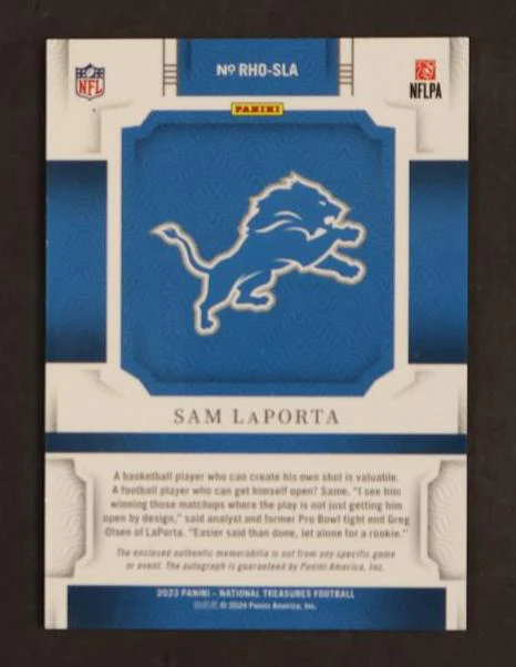 2023 Panini National Treasures Hats Off Sam LaPorta #RHO-SLA RC RC Patch Auto /7 - Image 2