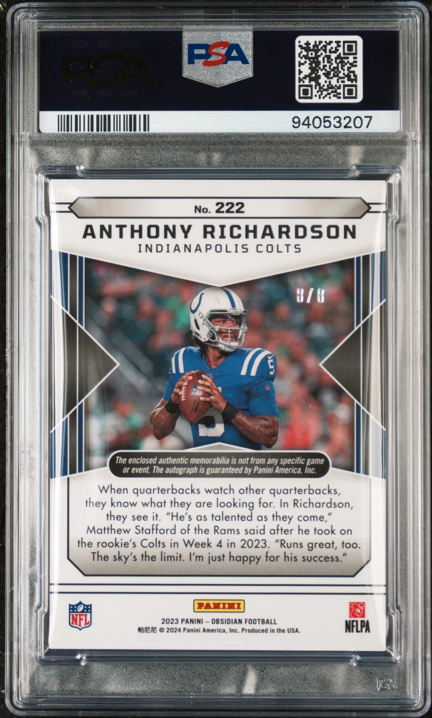 2023 Panini Obsidian Electric Etch Red Anthony Richardson #222 RC RPA /8 PSA 9 - Image 2