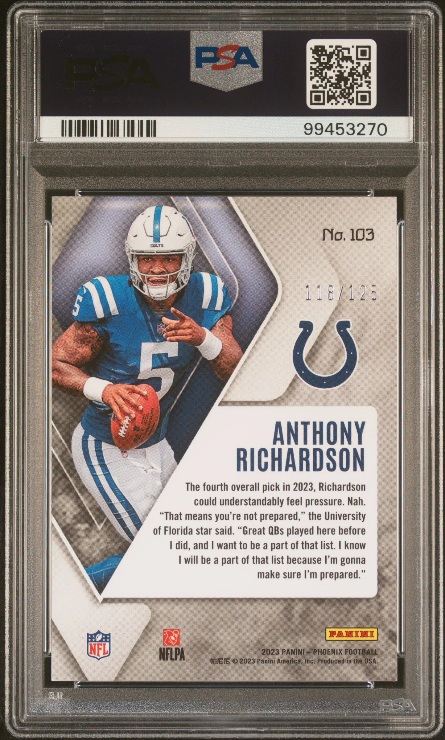 2023 Panini Phoenix Purple Anthony Richardson #103 RC /125 PSA 10 - Image 2