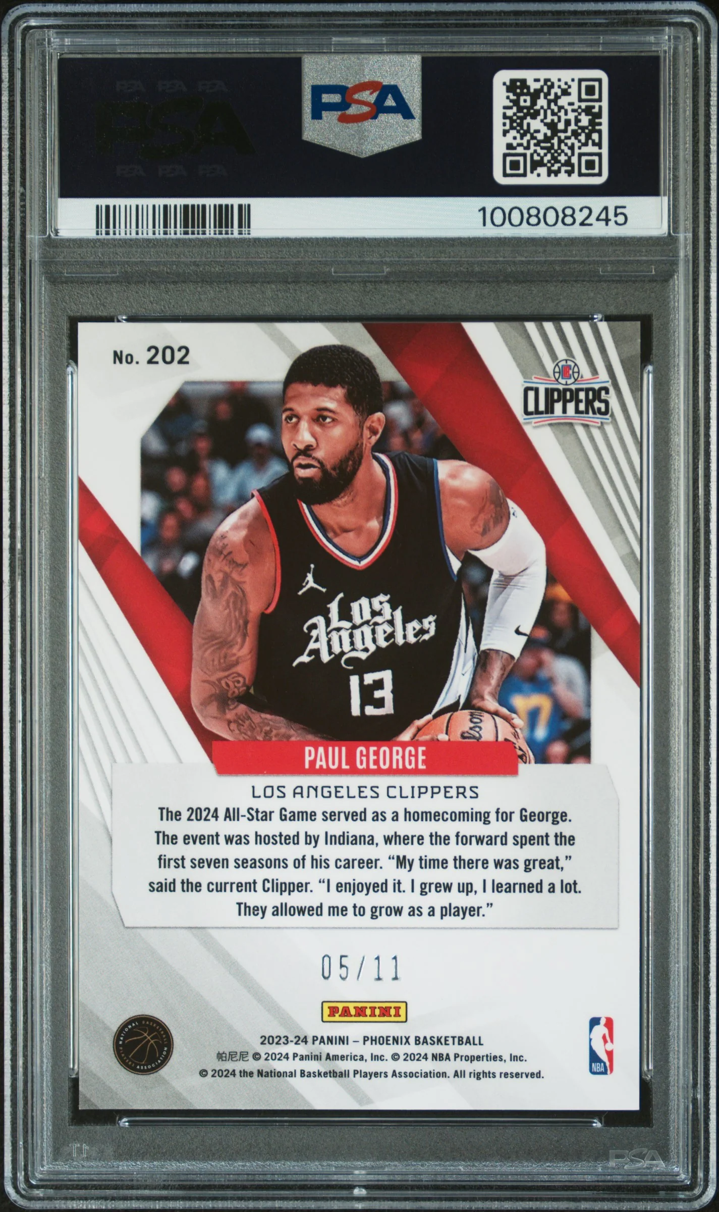 2023 Panini Phoenix Red Pandora FOTL Paul George #202 /11 PSA 10 - Image 2