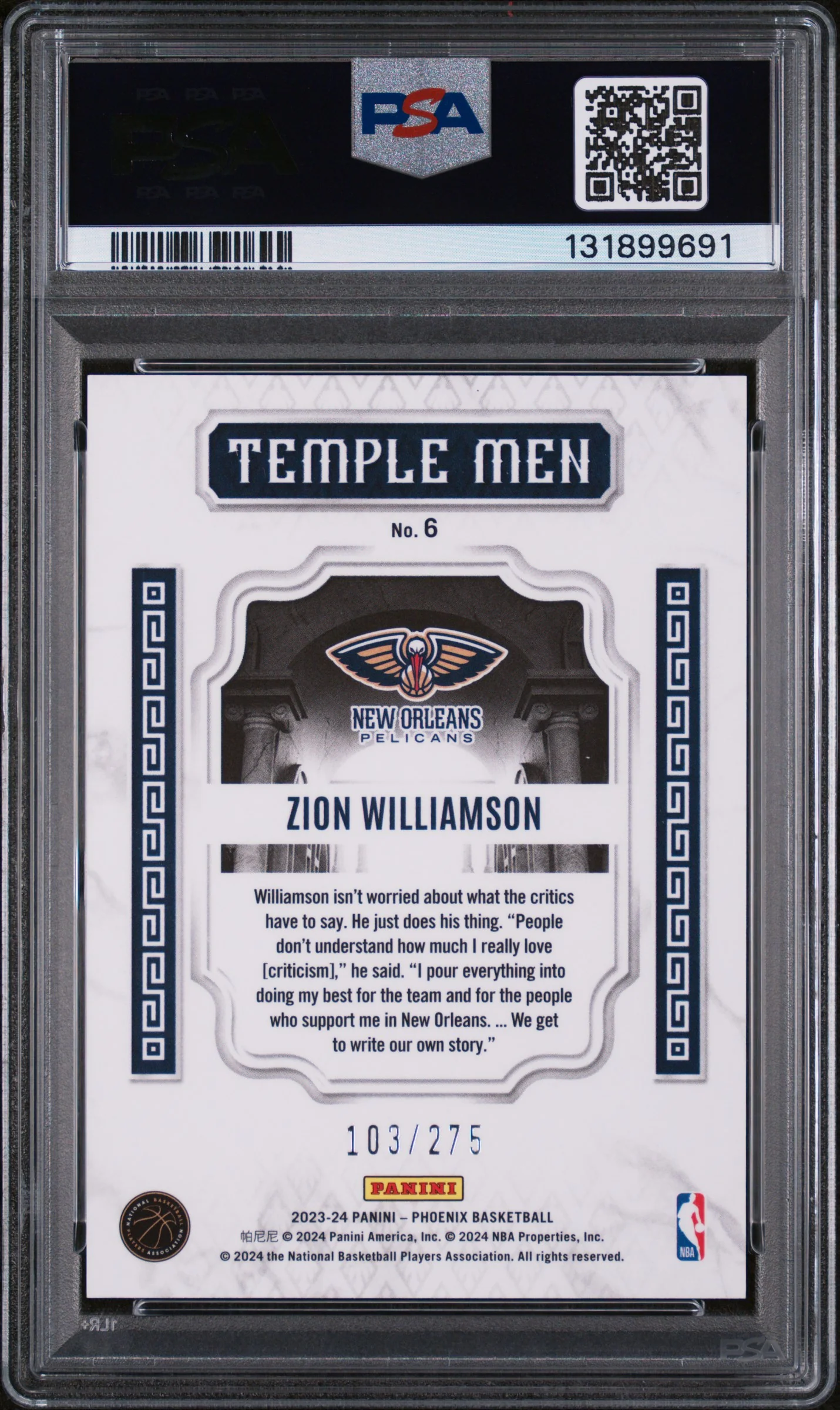 2023 Panini Phoenix Temple Men Blue Lazer Zion Williamson #6 /275 PSA 10 - Image 2