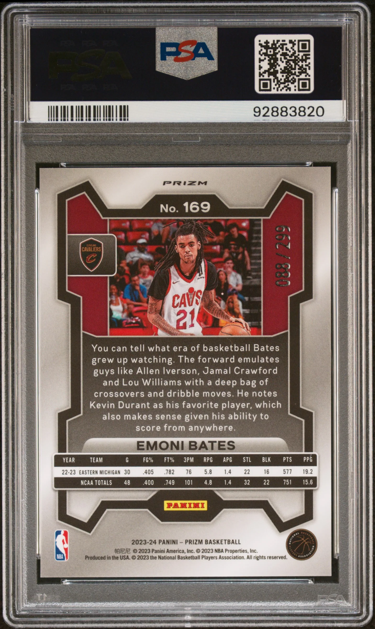 2023 Panini Prizm Red Seismic Emoni Bates #169 RC /299 PSA 10 - Image 2