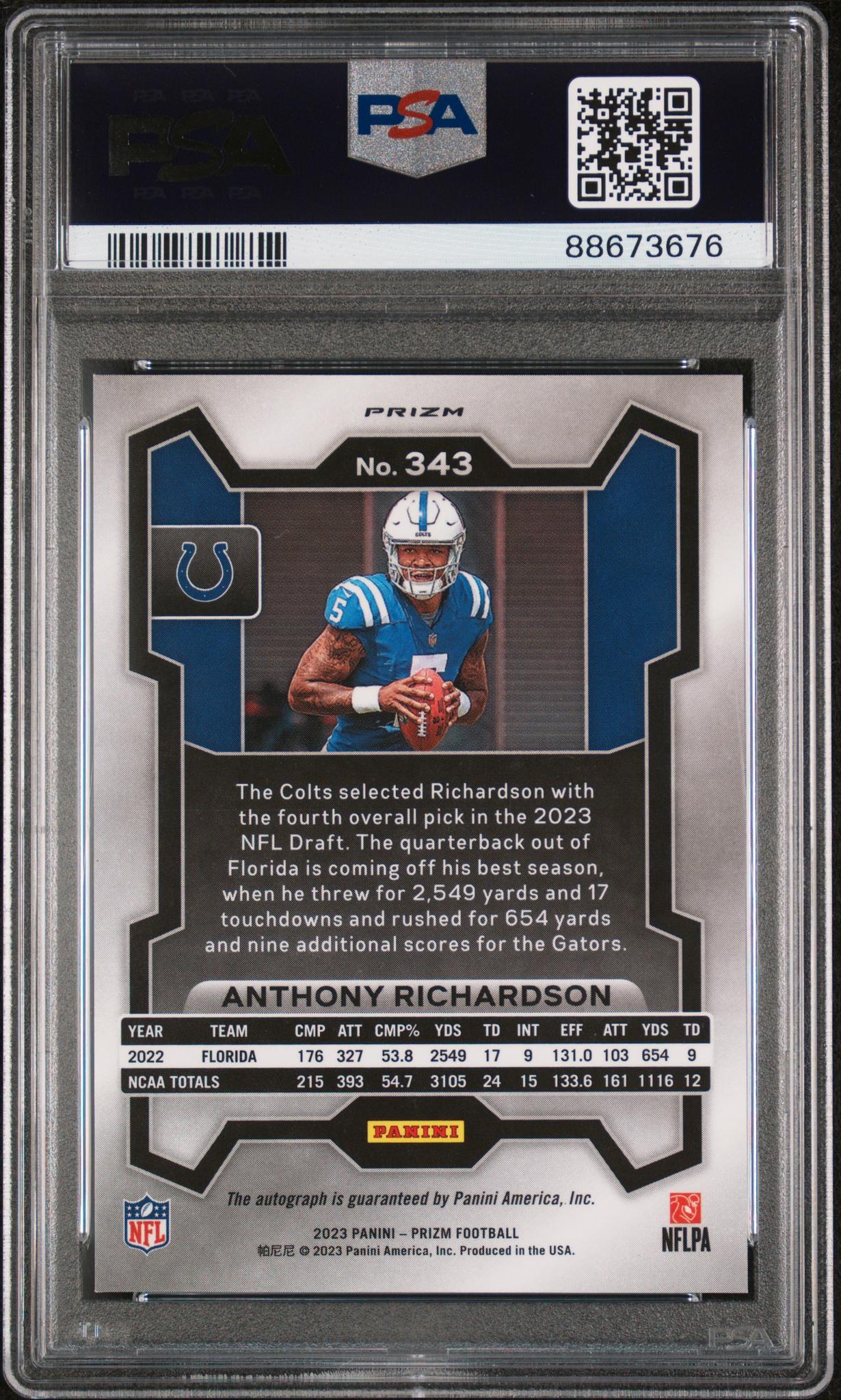2023 Panini Prizm Anthony Richardson #343 RC Auto PSA 10 - Image 2