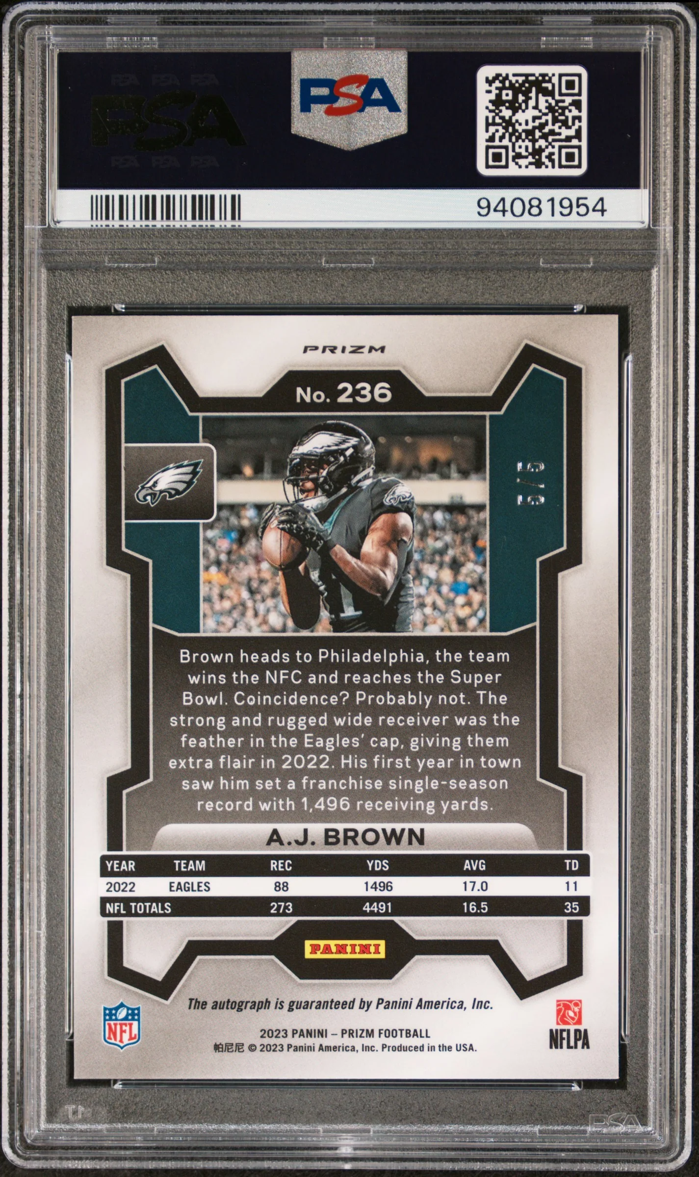 2023 Panini Prizm Auto-Green Shimmer Aj Brown #236 5/5 PSA 10 - Image 2