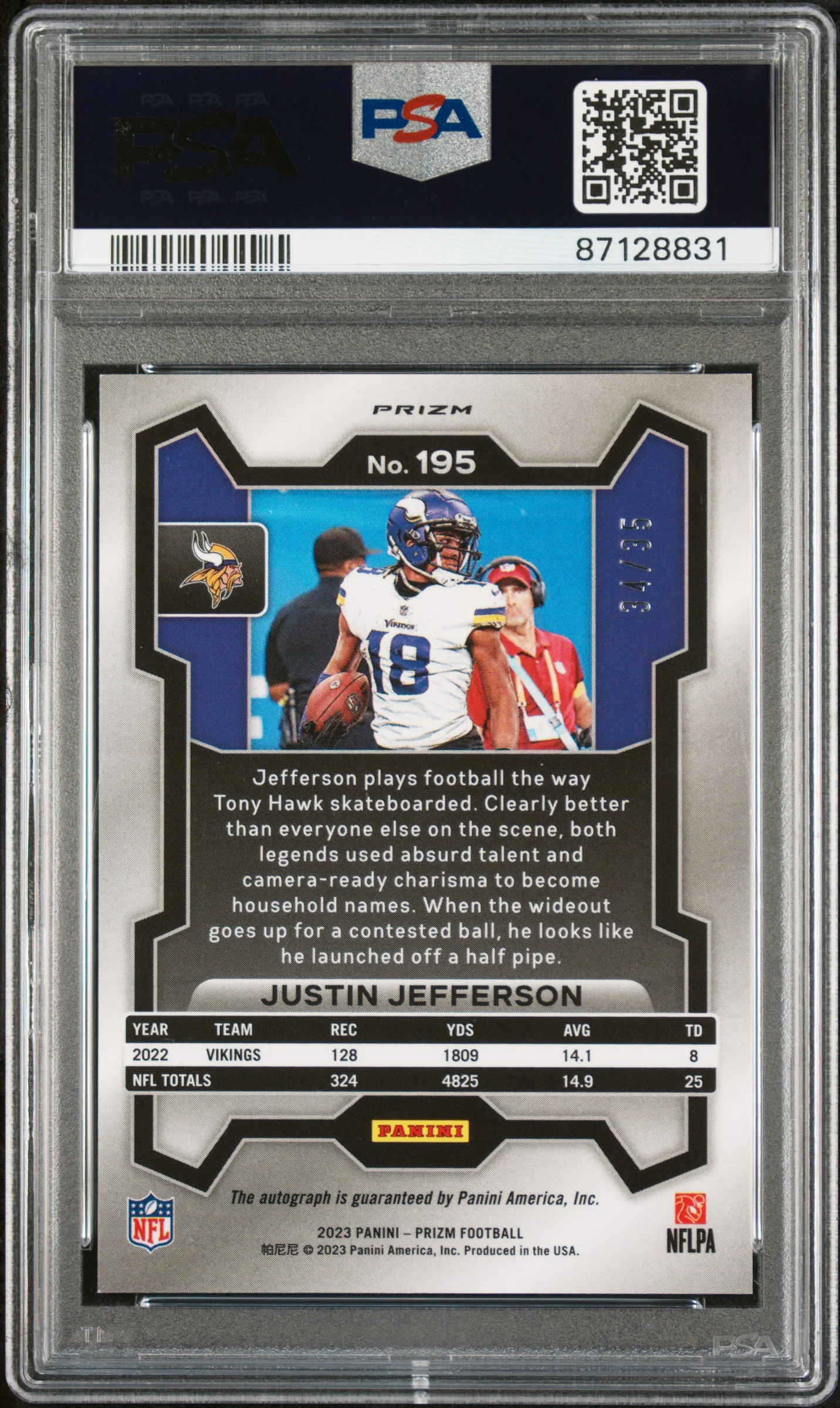 2023 Panini Prizm Autograph-Red Shimmer Justin Jefferson #195 /35 PSA 10 - Image 2