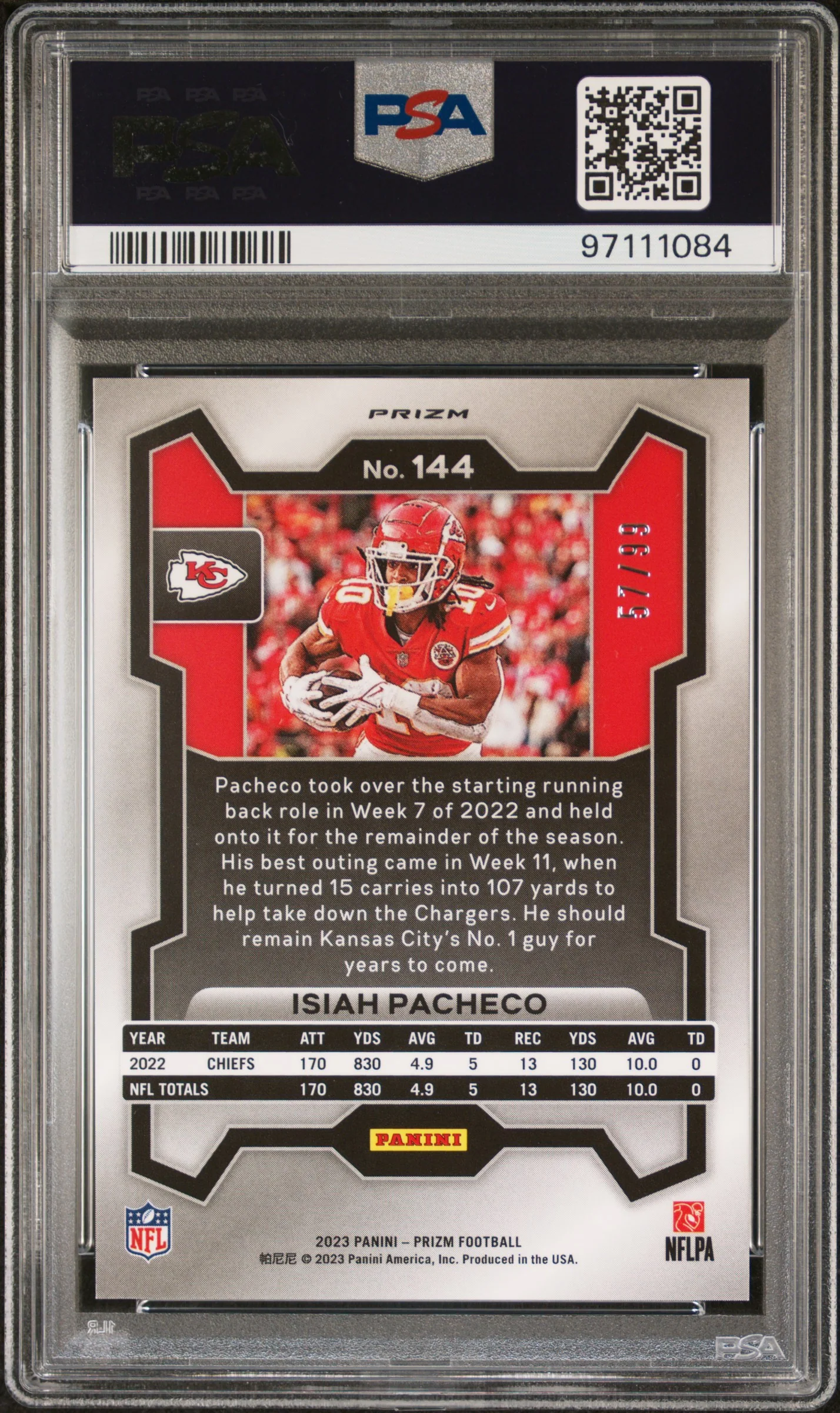 2023 Panini Prizm Blue Ice Prizm Isiah Pacheco #144 /99 PSA 10 - Image 2