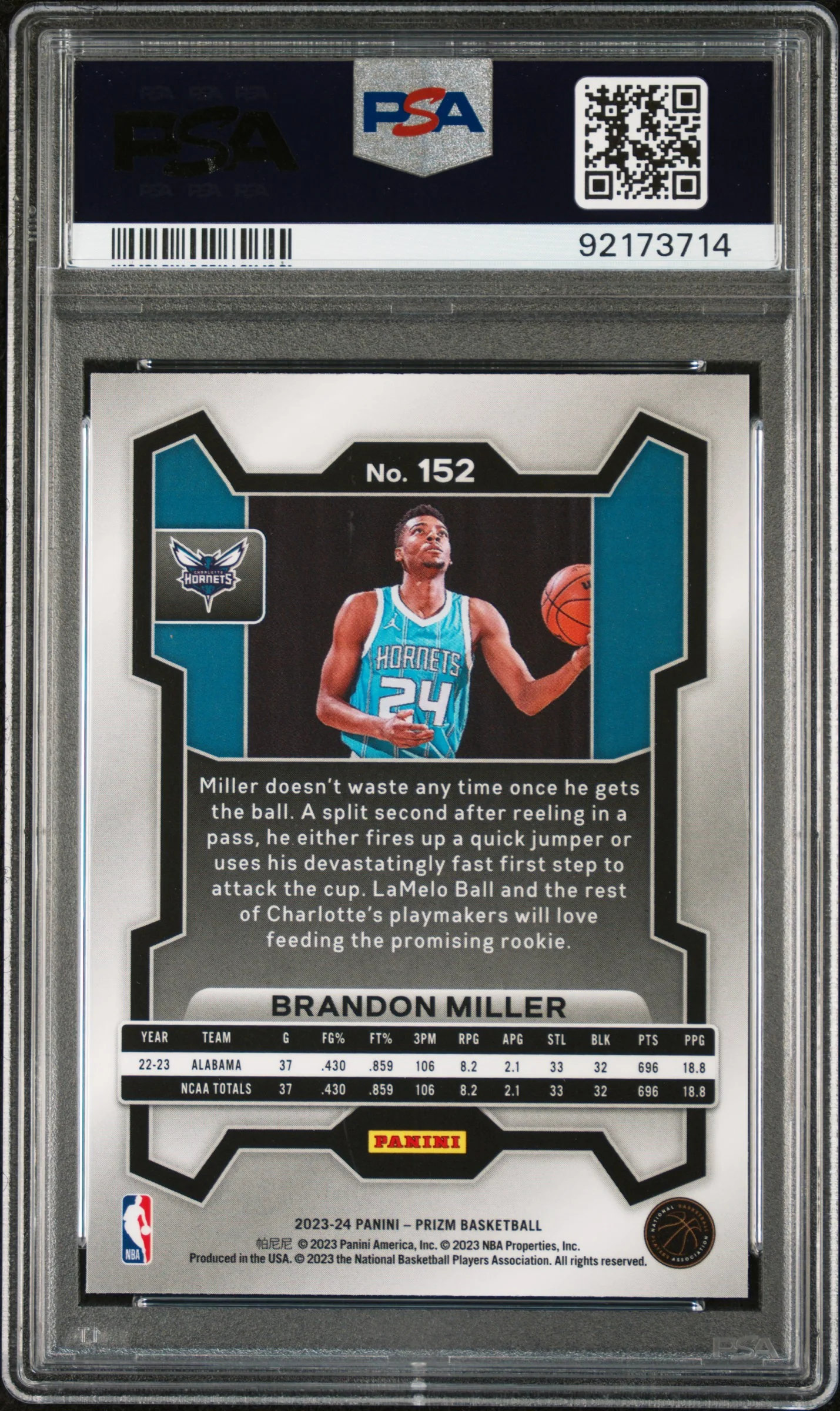 2023 Panini Prizm Brandon Miller #152 PSA 10 - Image 2