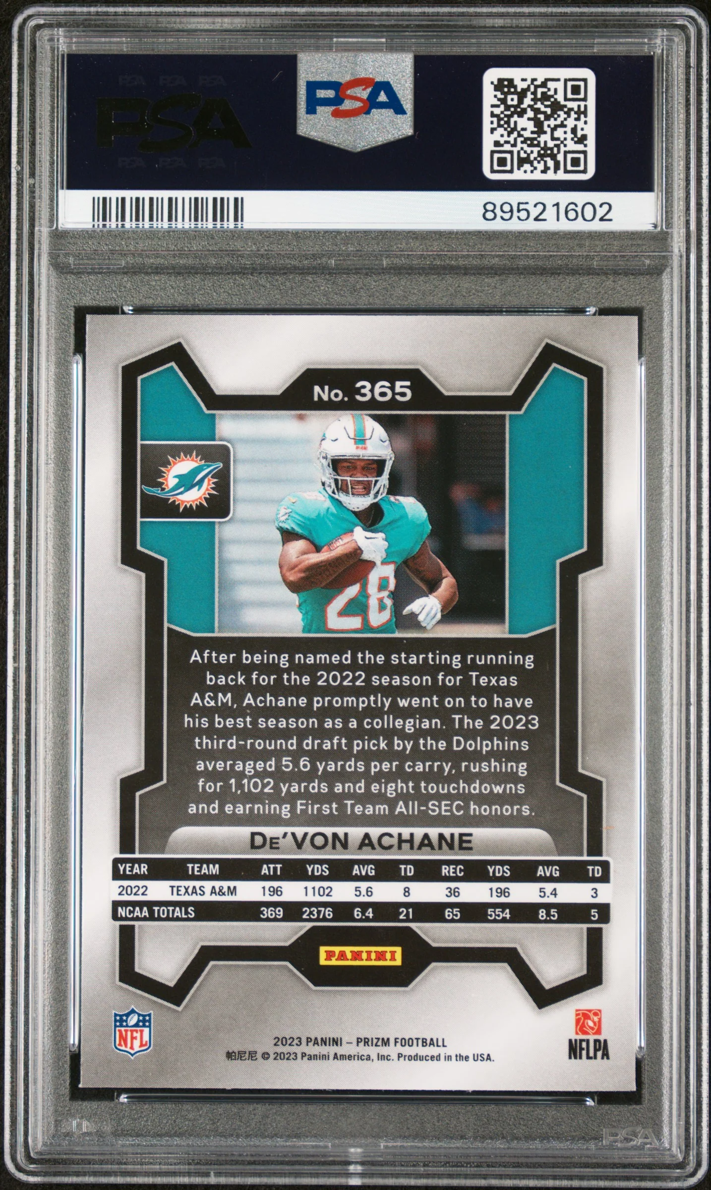 2023 Panini Prizm De'Von Achane #365 PSA 10 - Image 2
