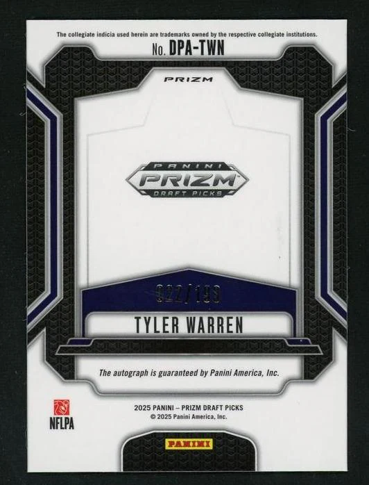 2023 Panini Prizm DPA-TWN Tyler Warren Draft Picks Autographs Rookie - Image 2