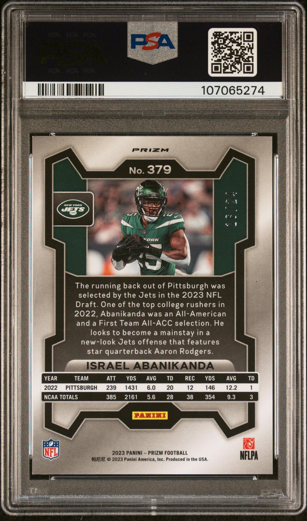 2023 Panini Prizm Gold Sparkle Israel Abanikanda #379 /79 PSA 10 - Image 2