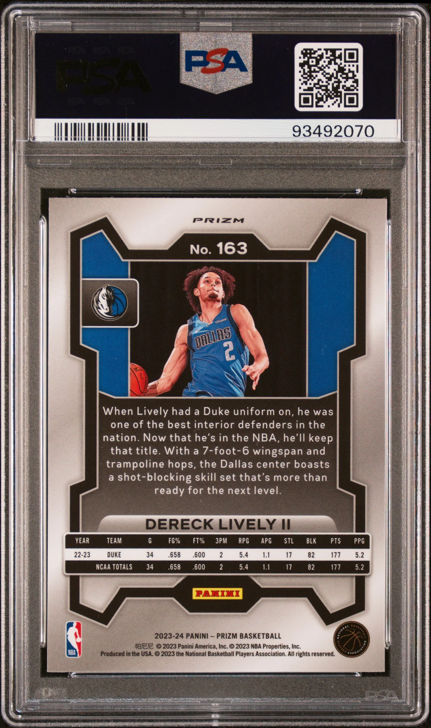 2023 Panini Prizm Ice Prizm Dereck Lively II #163 PSA 10 - Image 2
