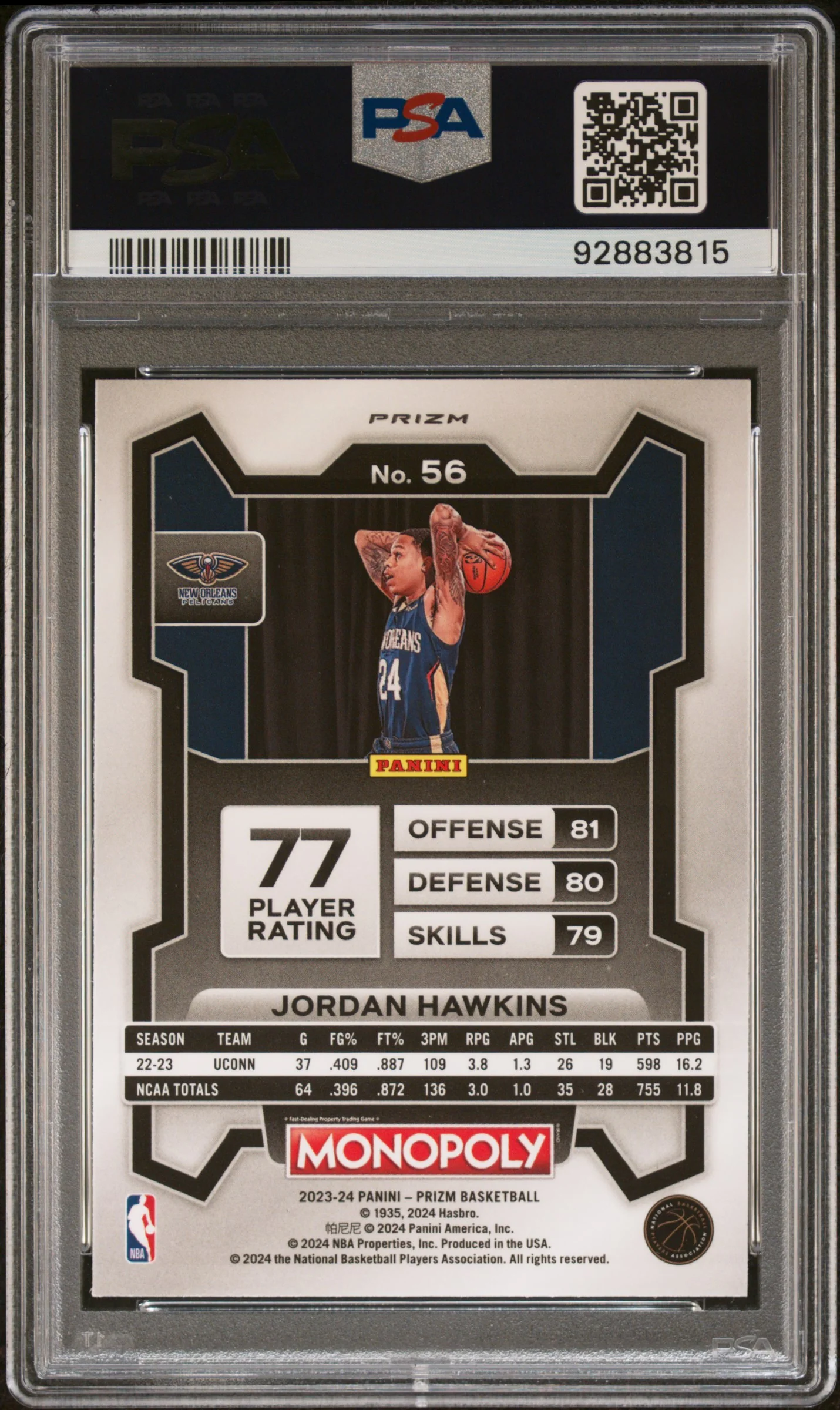 2023 Prizm Monopoly B&W Jordan Hawkins #56 RC PSA 9 - Image 2