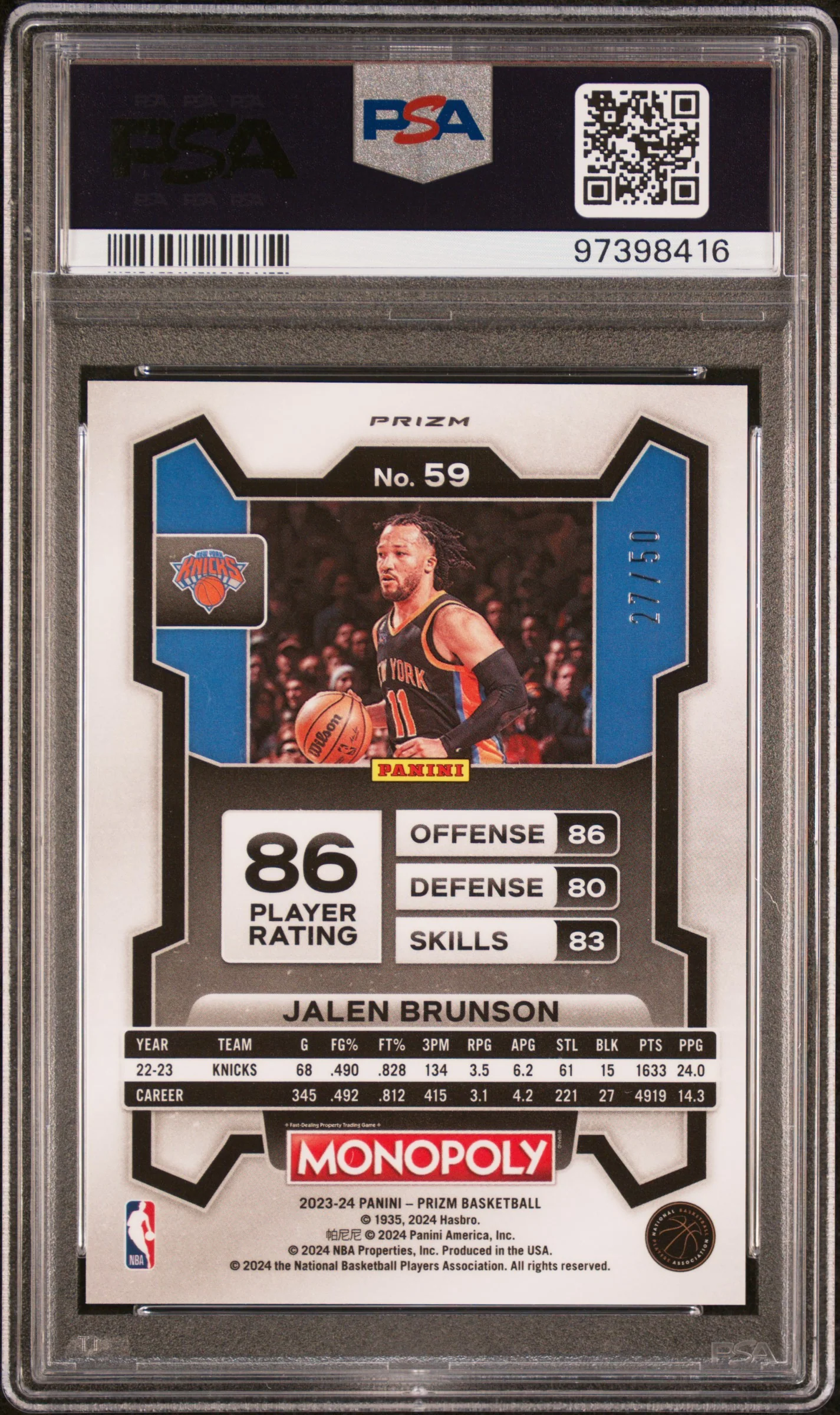 2023 Panini Prizm Monopoly Purple Millionaire Shimmer Jalen Brunson #59 /750 PSA 10 - Image 2