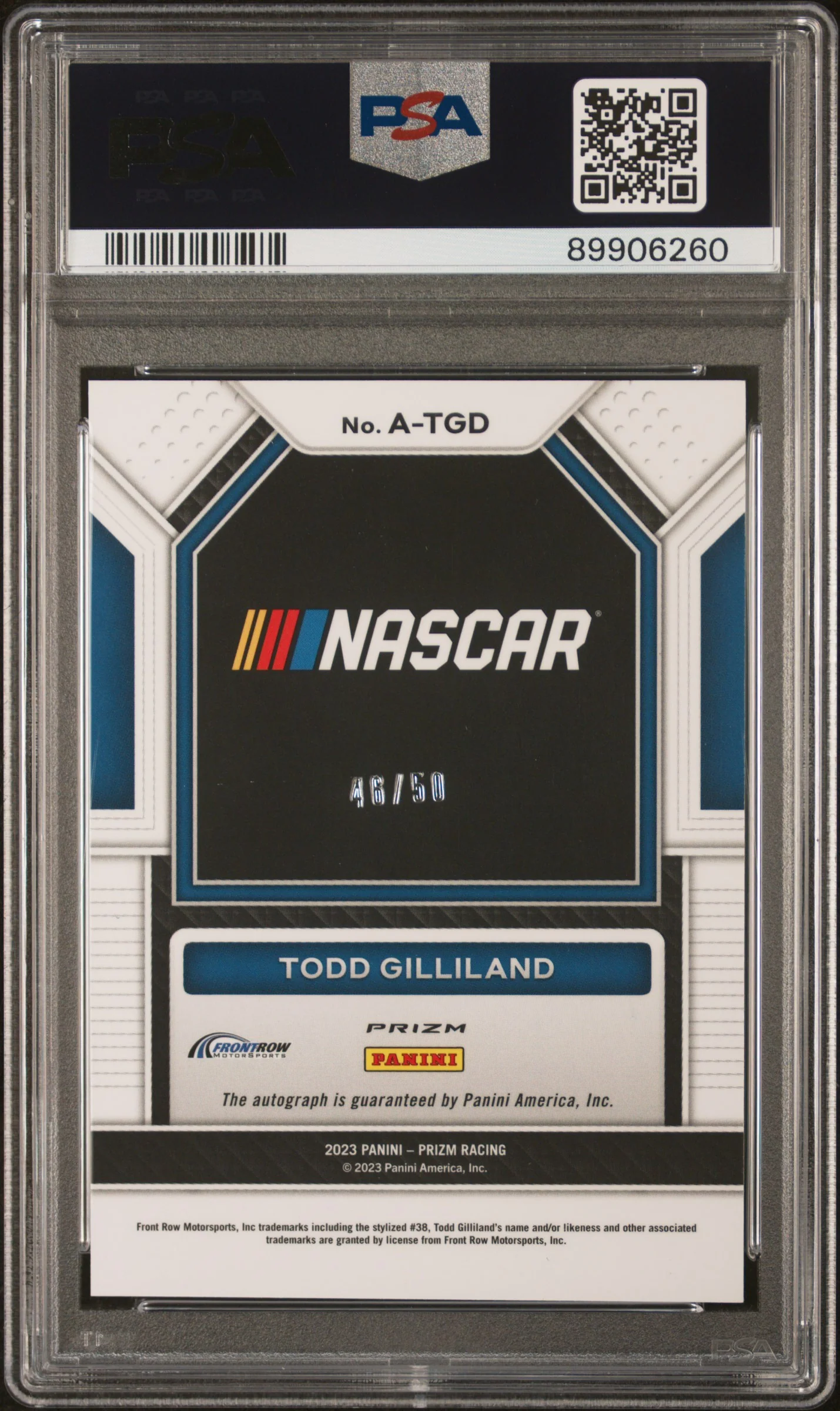 2023 Panini Prizm Nascar Autographs #ATGD Todd Gilliland Autograph-Checkered Flag PSA 10 - Image 2