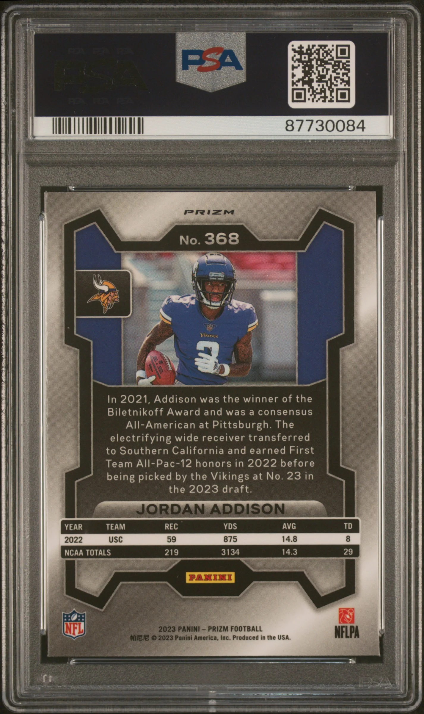 2023 Panini Prizm Orange Lazer Jordan Addison #368 PSA 10 - Image 2