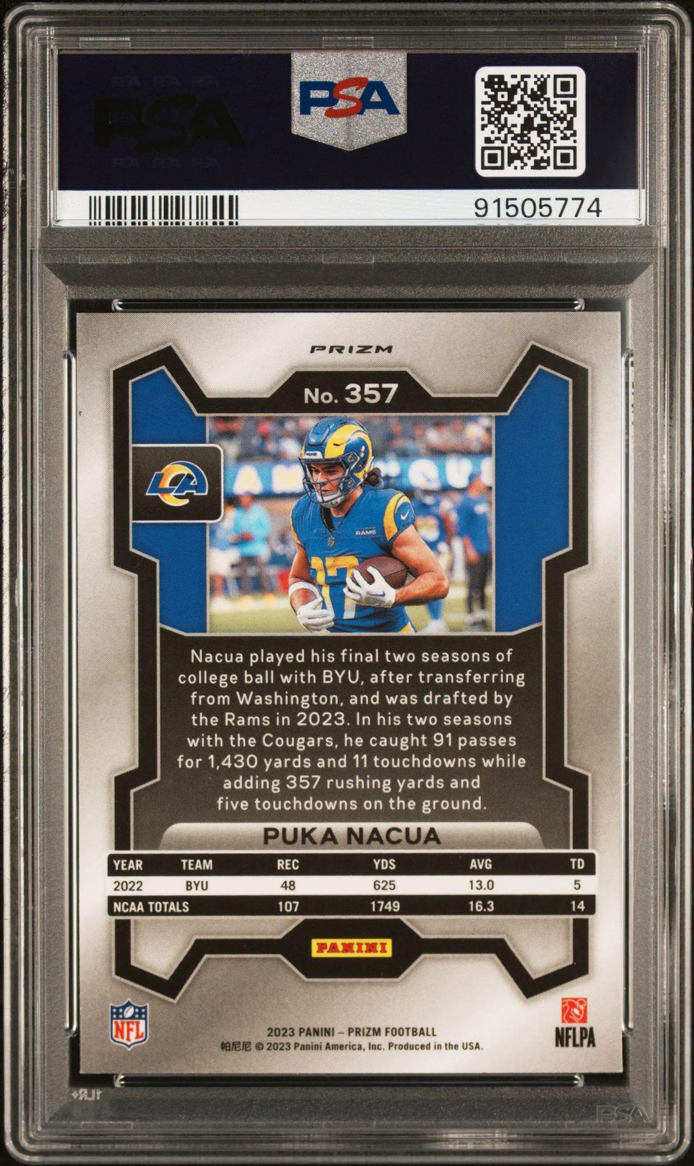 2023 Panini Prizm Orange Lazer Prizm Puka Nacua #357 PSA 9 - Image 2