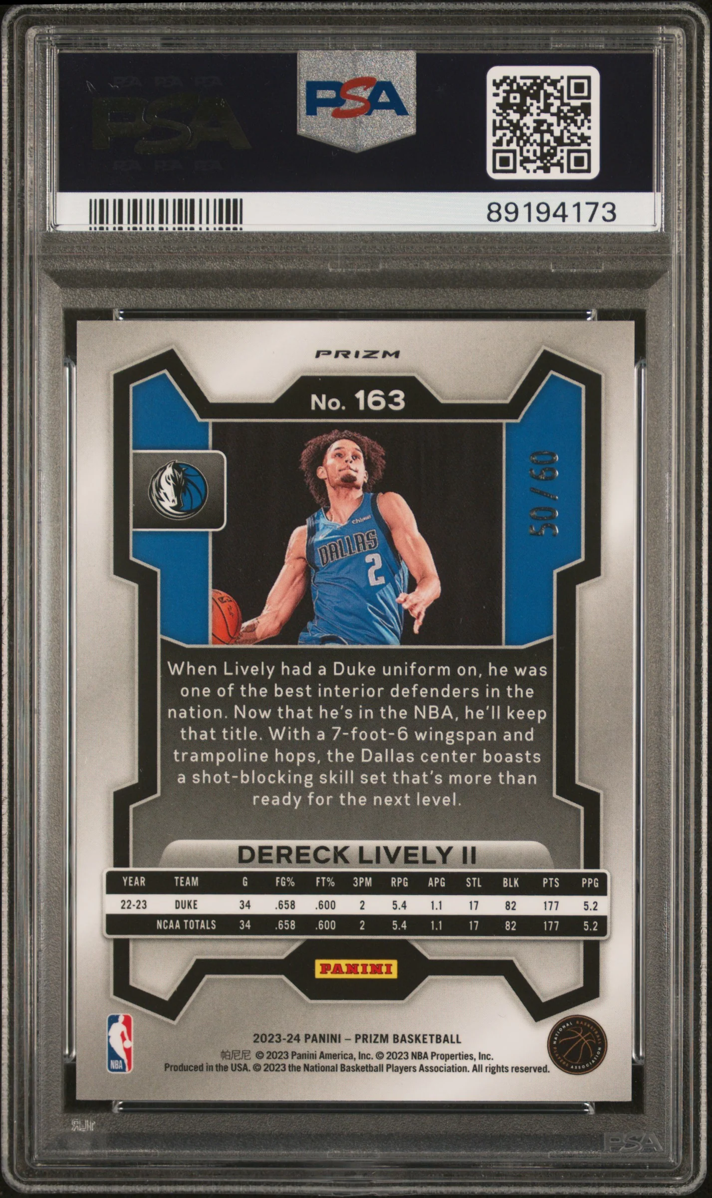 2023 Panini Prizm Orange Wave Prizm Dereck Lively II #163 /60 PSA 10 - Image 2