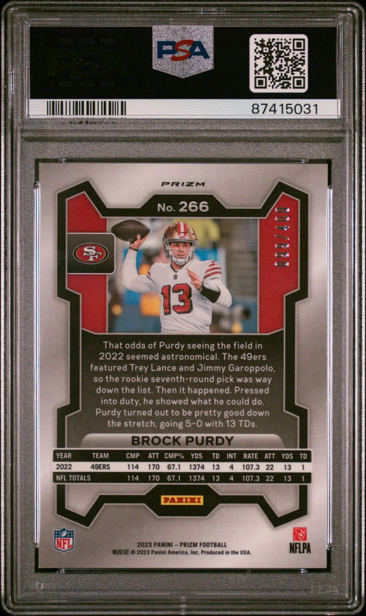 2023 Panini Prizm Pandora Brock Purdy #266 /400 PSA 8 - Image 2