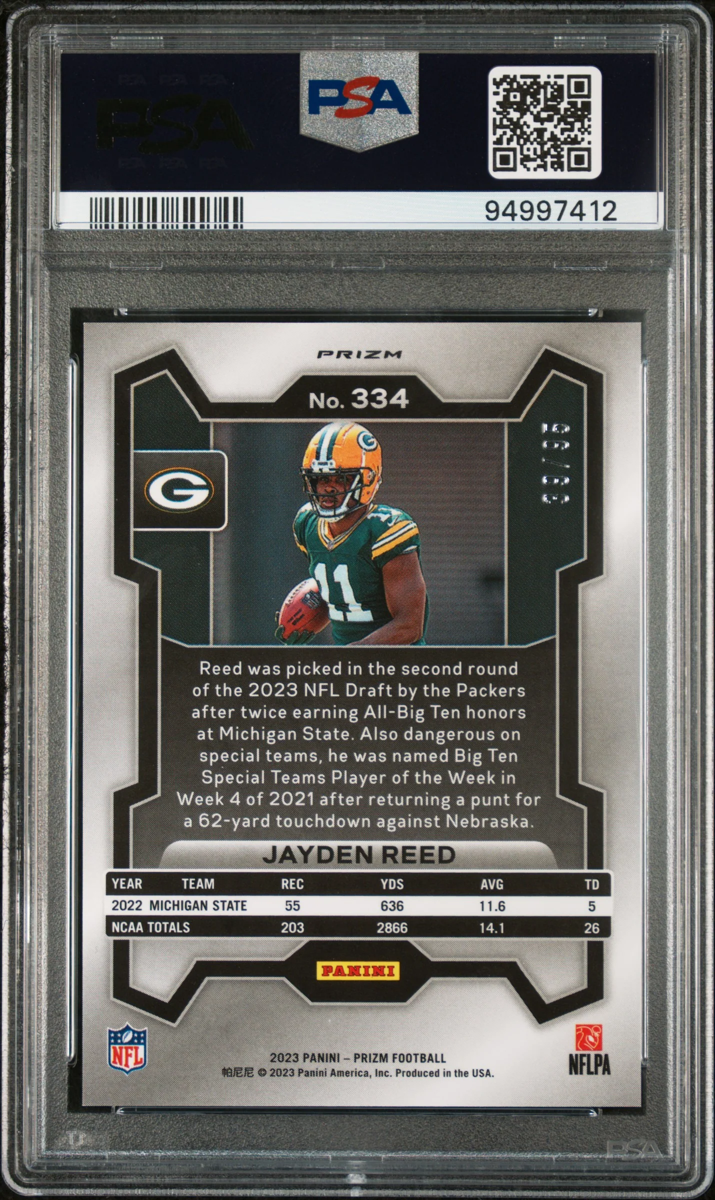 2023 Panini Prizm Prizms No Huddle Blue Jayden Reed #334 /95 /79 PSA 10 - Image 2