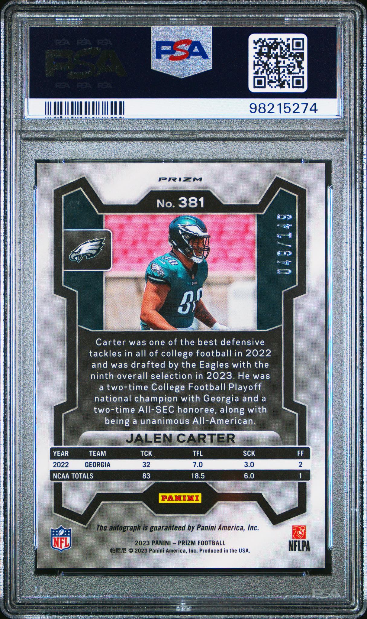 2023 Panini Prizm Red Wave Prizm Jalen Carter #381 /149 PSA 10 - Image 2